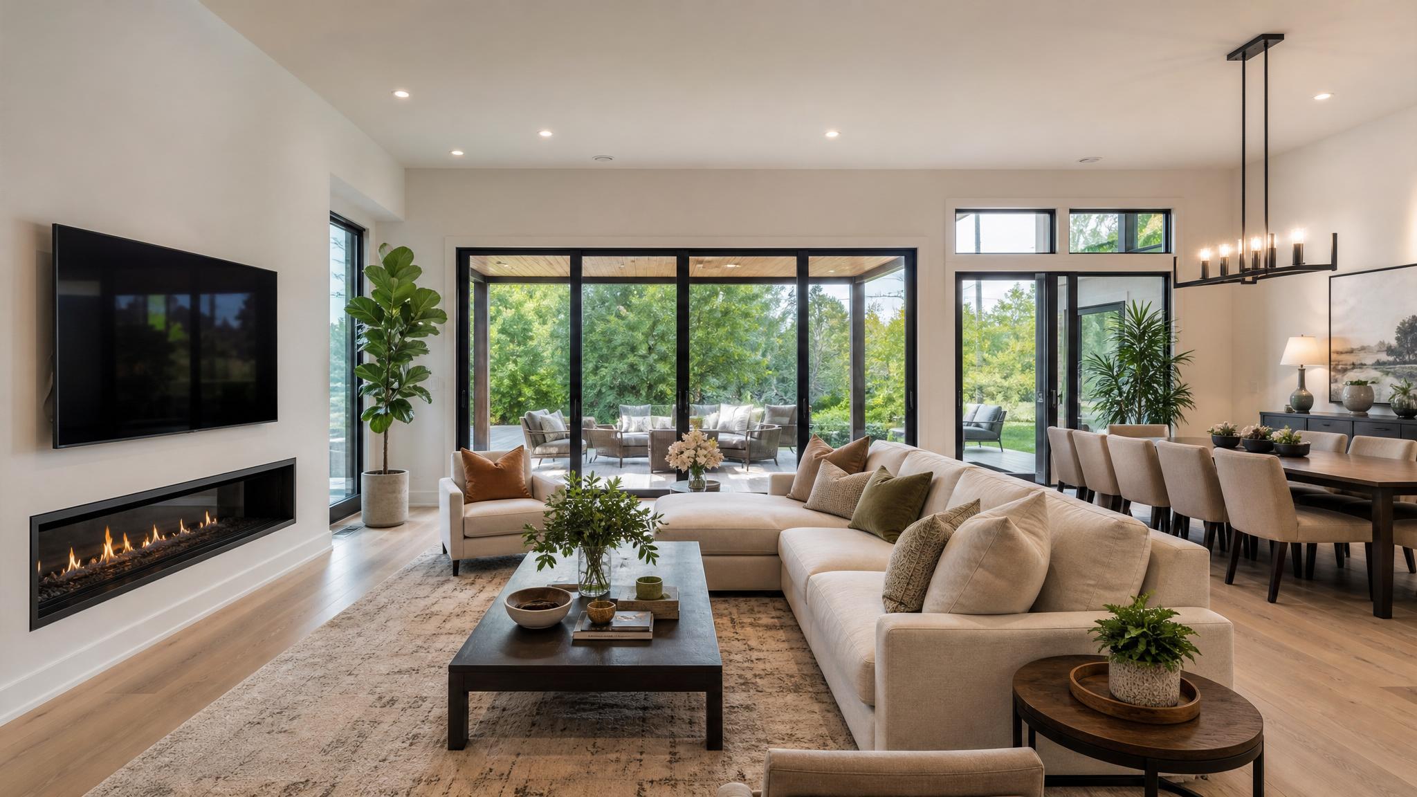 Modern living room staged with AI technology, showcasing stylish furniture and ambient lighting.