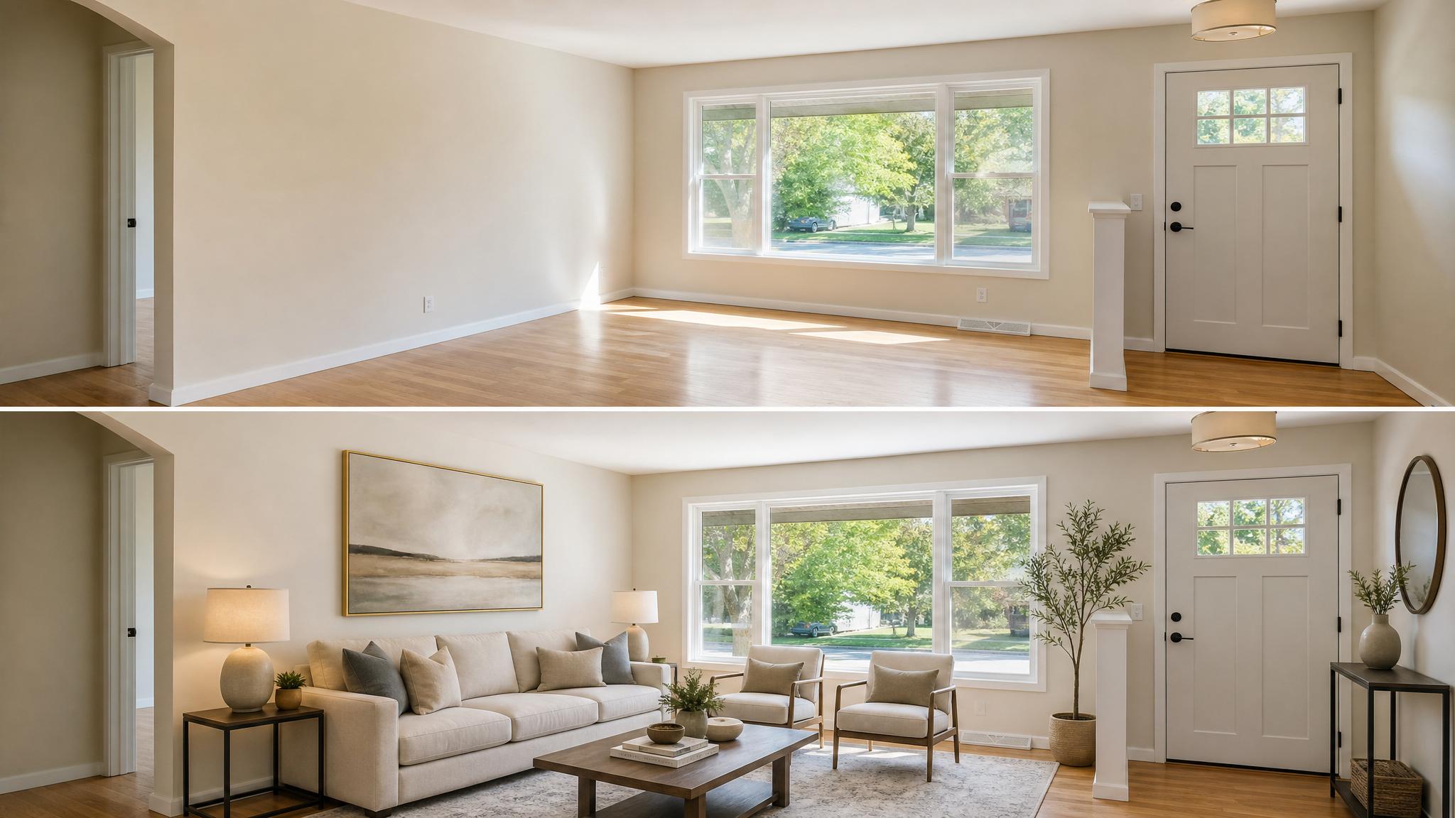 Before and after of a living room using AI virtual staging to enhance its appeal.