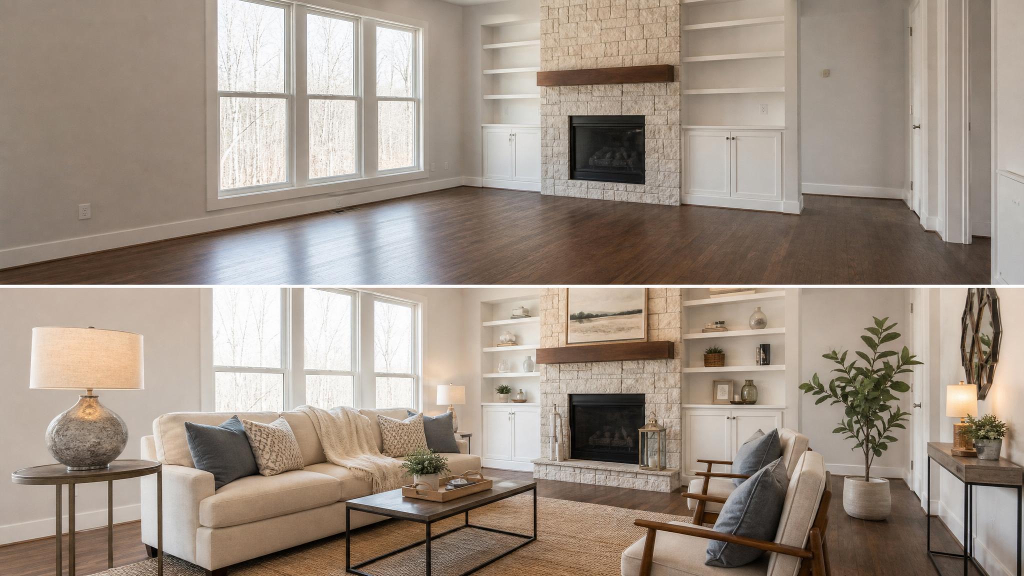 Before and after staging living room image