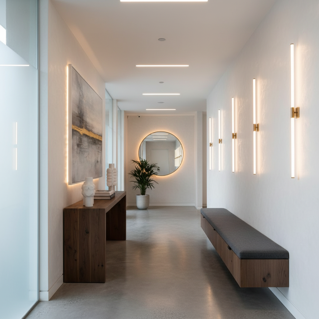 Modern hallway with sleek furniture and artistic lighting