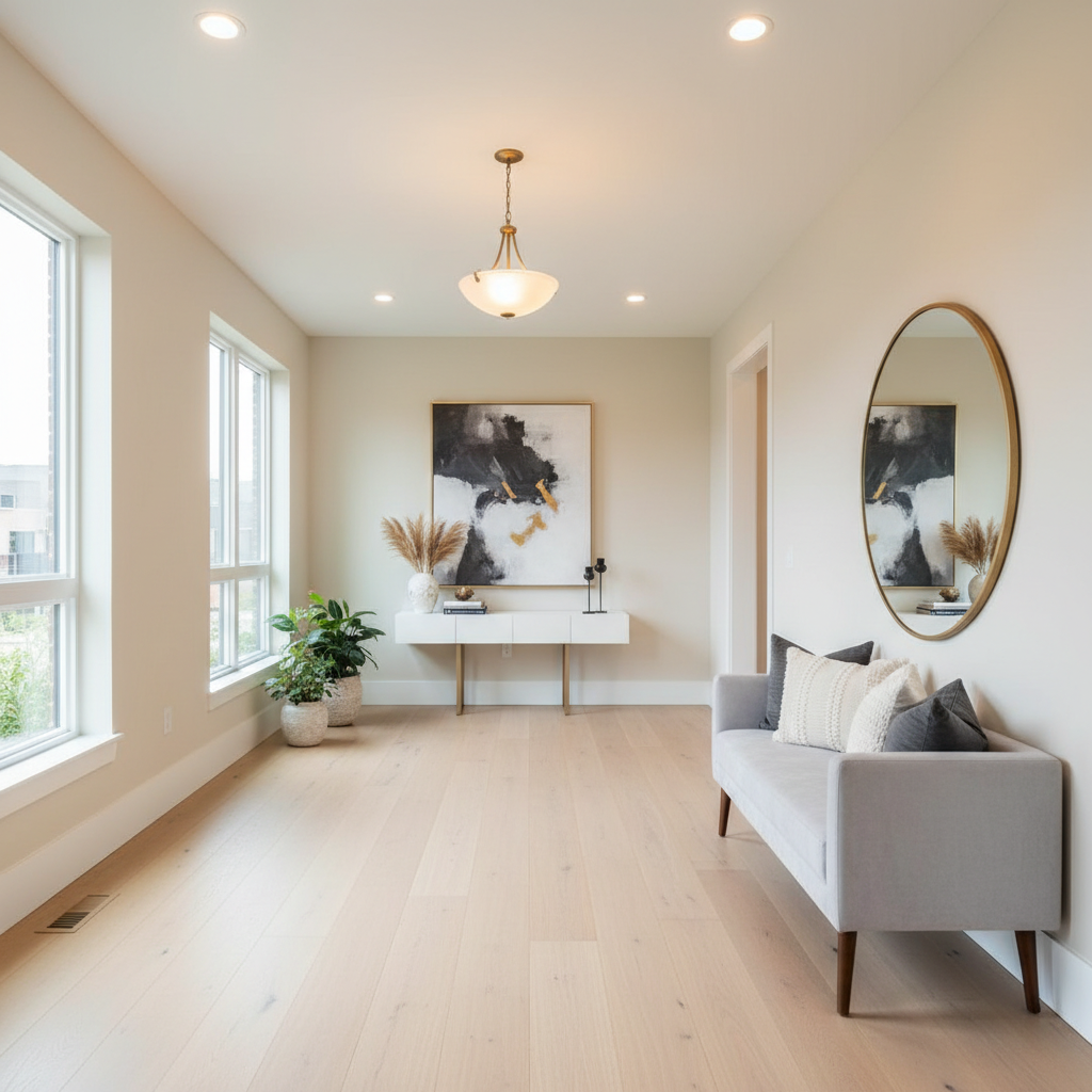 Bright hallway with neutral colors and modern furniture