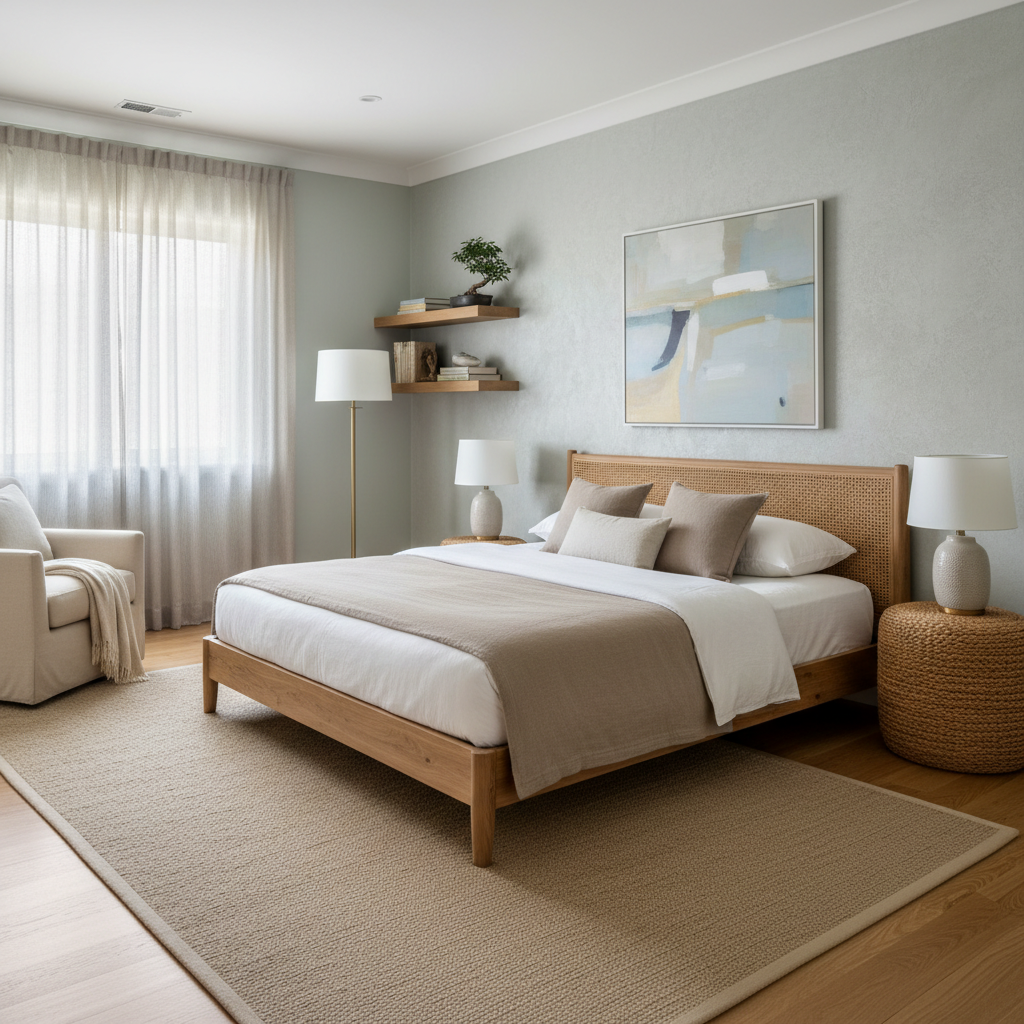 Image of a peaceful zen guest bedroom with soft colors and minimal furniture.