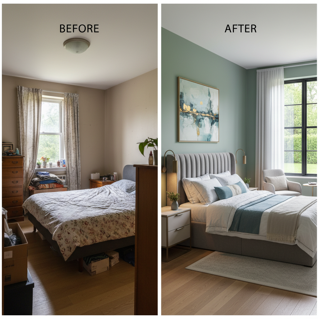 Image demonstrating before and after transformation of a guest bedroom with AI design.