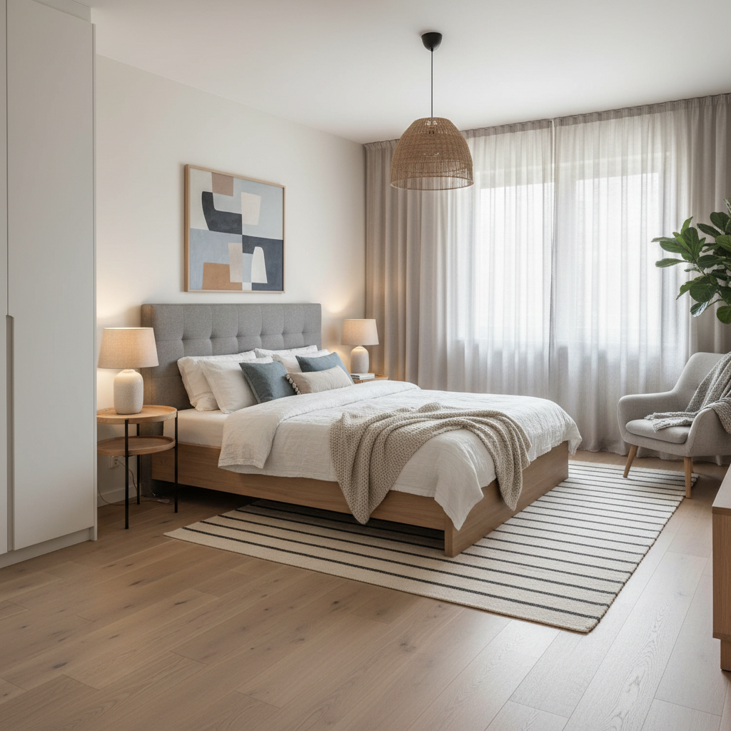 After transformation of a master bedroom showcasing Scandinavian design.