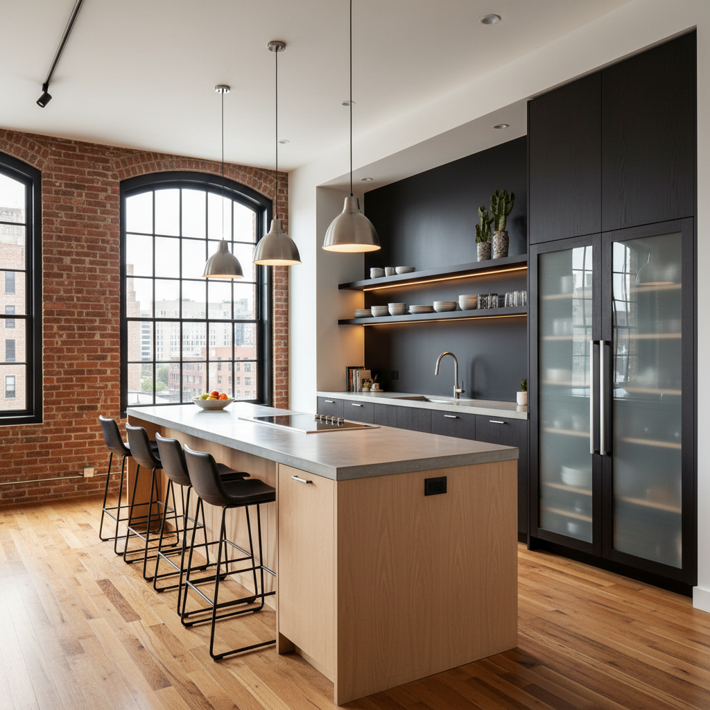 An urban loft kitchen featuring modern designs