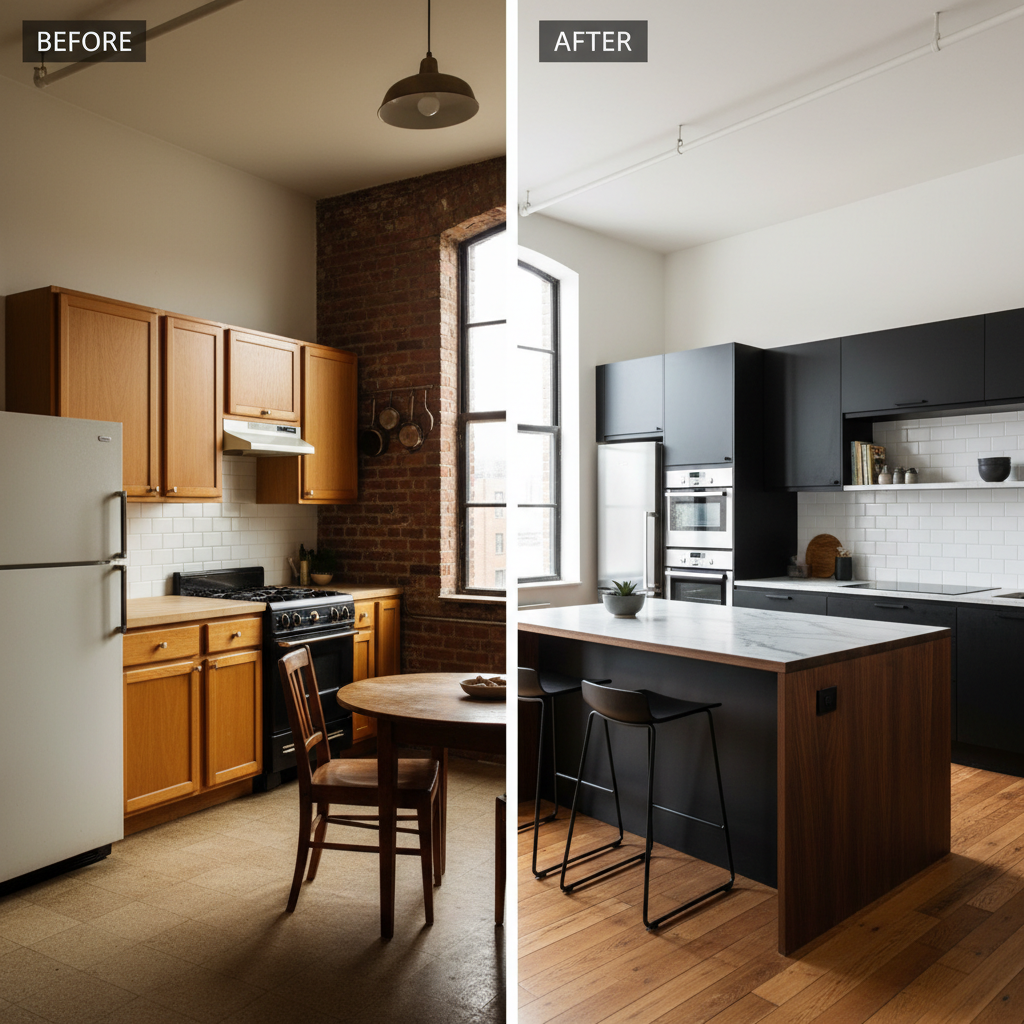 A split image showing before and after images of an urban loft kitchen