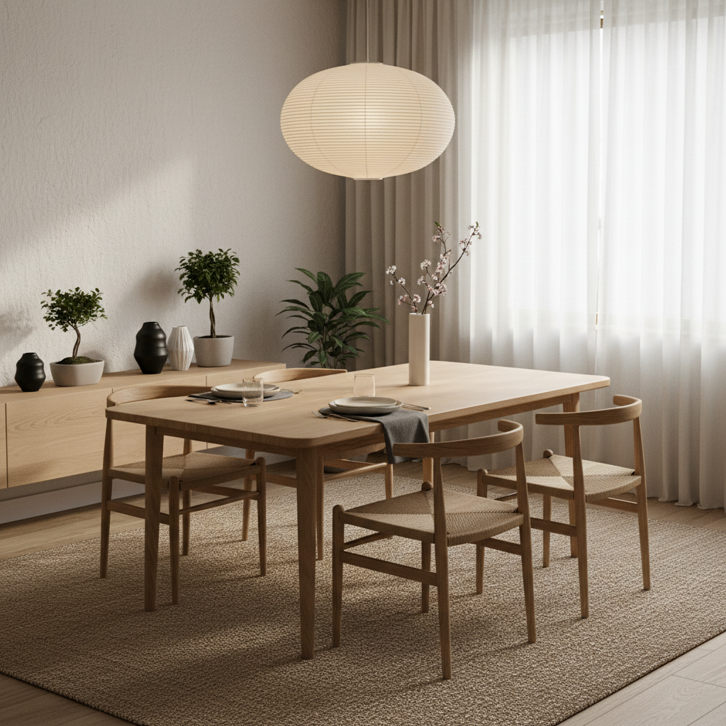A beautifully staged Japandi dining room featuring light wood furniture, a simple table setting, and soft lighting.