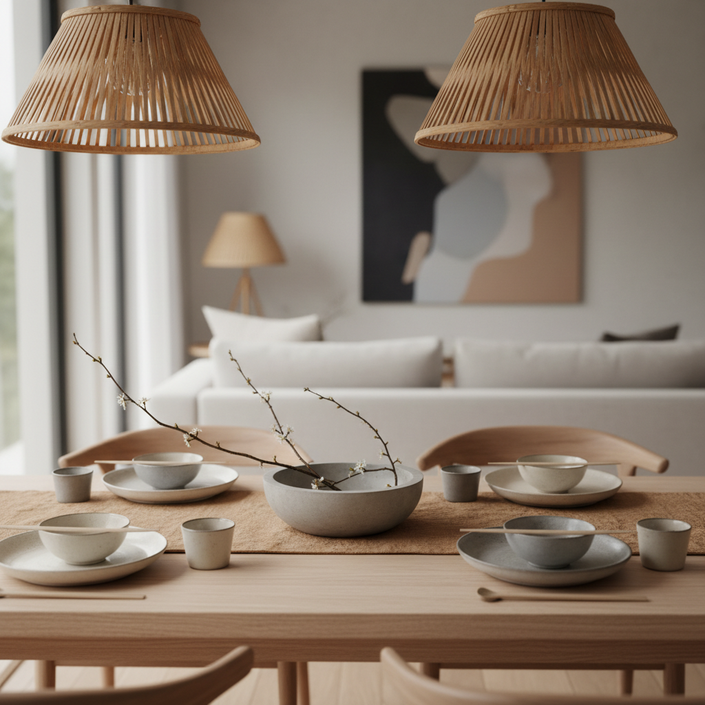 A close-up of a dining table set in Japandi style with neutral tones and minimalist decor.