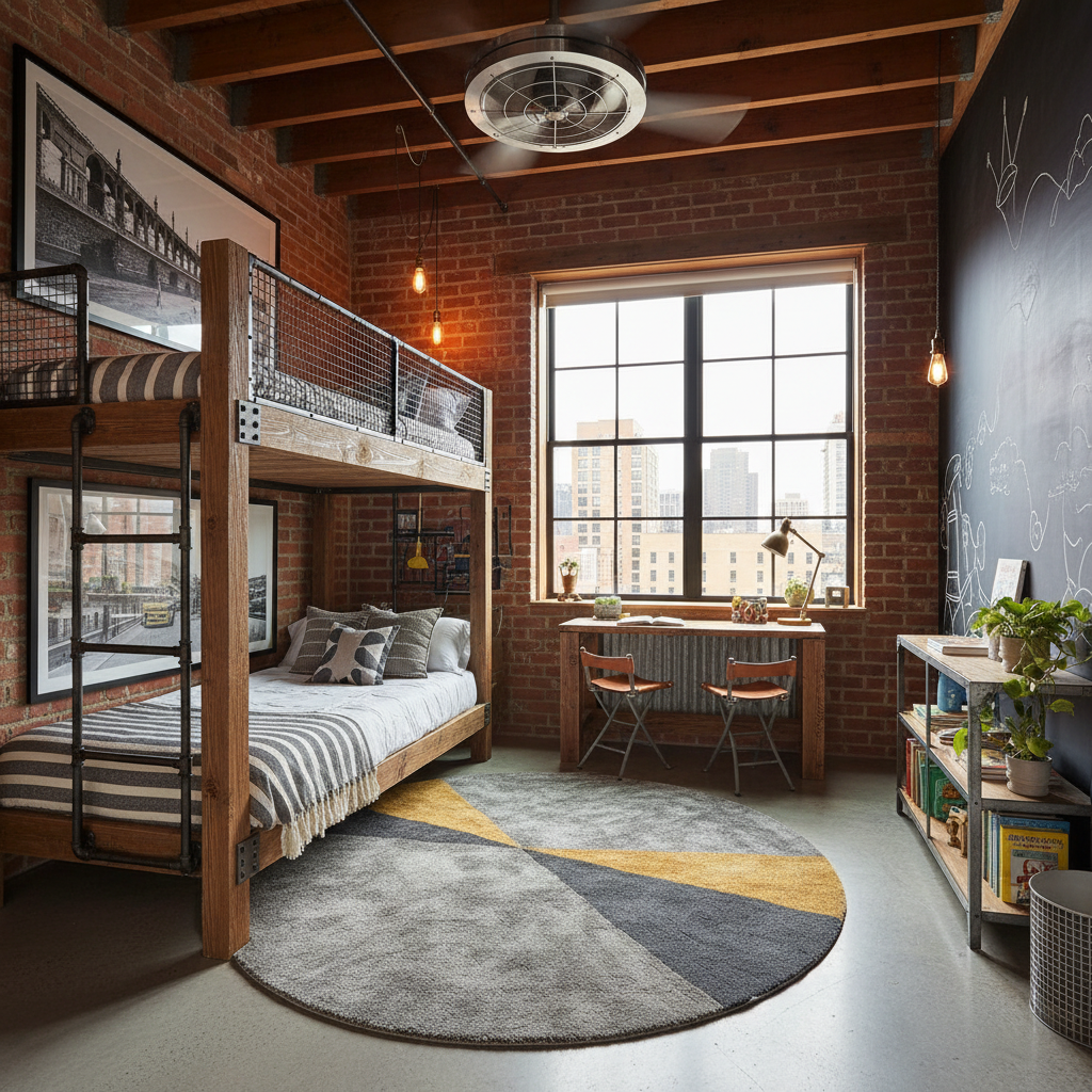 Image of a stylish urban loft kids bedroom showcasing industrial design elements.