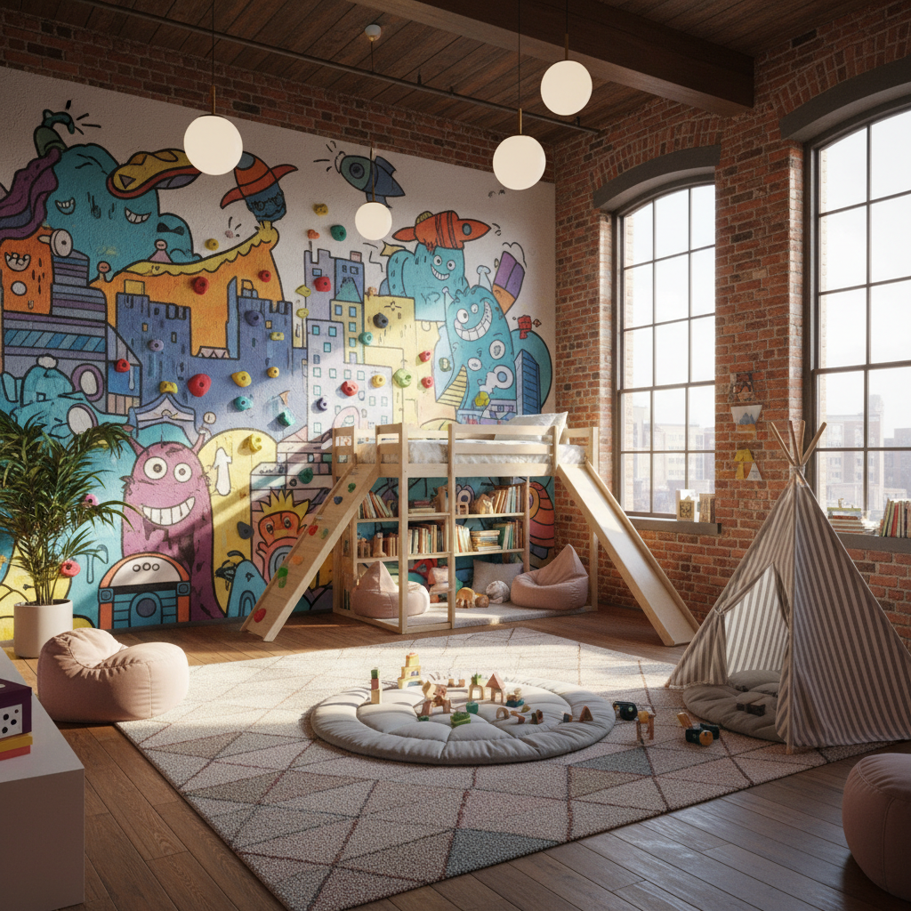 Image of a colorful urban loft kids bedroom with a mural and play area.
