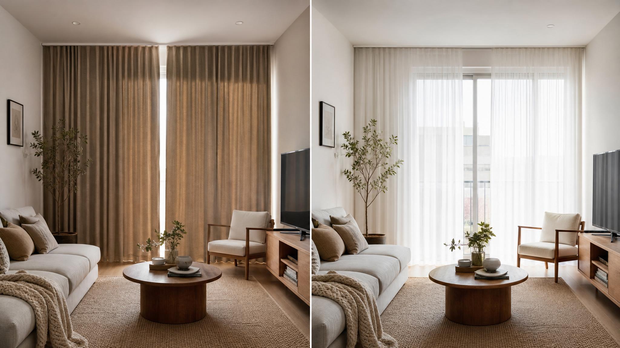 Before and after images of a living room with heavy curtains replaced by sheer ones.