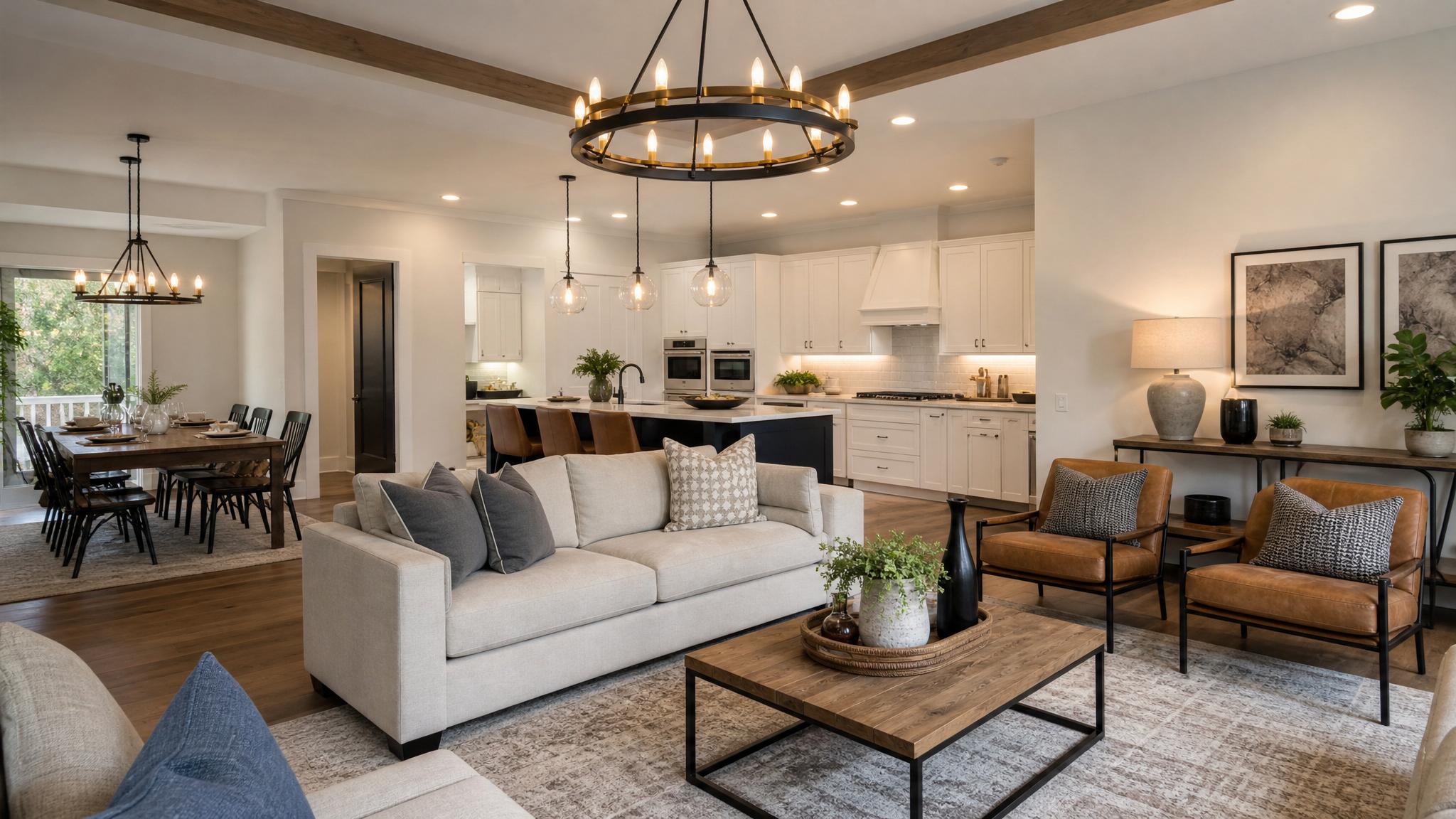 Display various types of lighting fixtures in an open-plan living room.