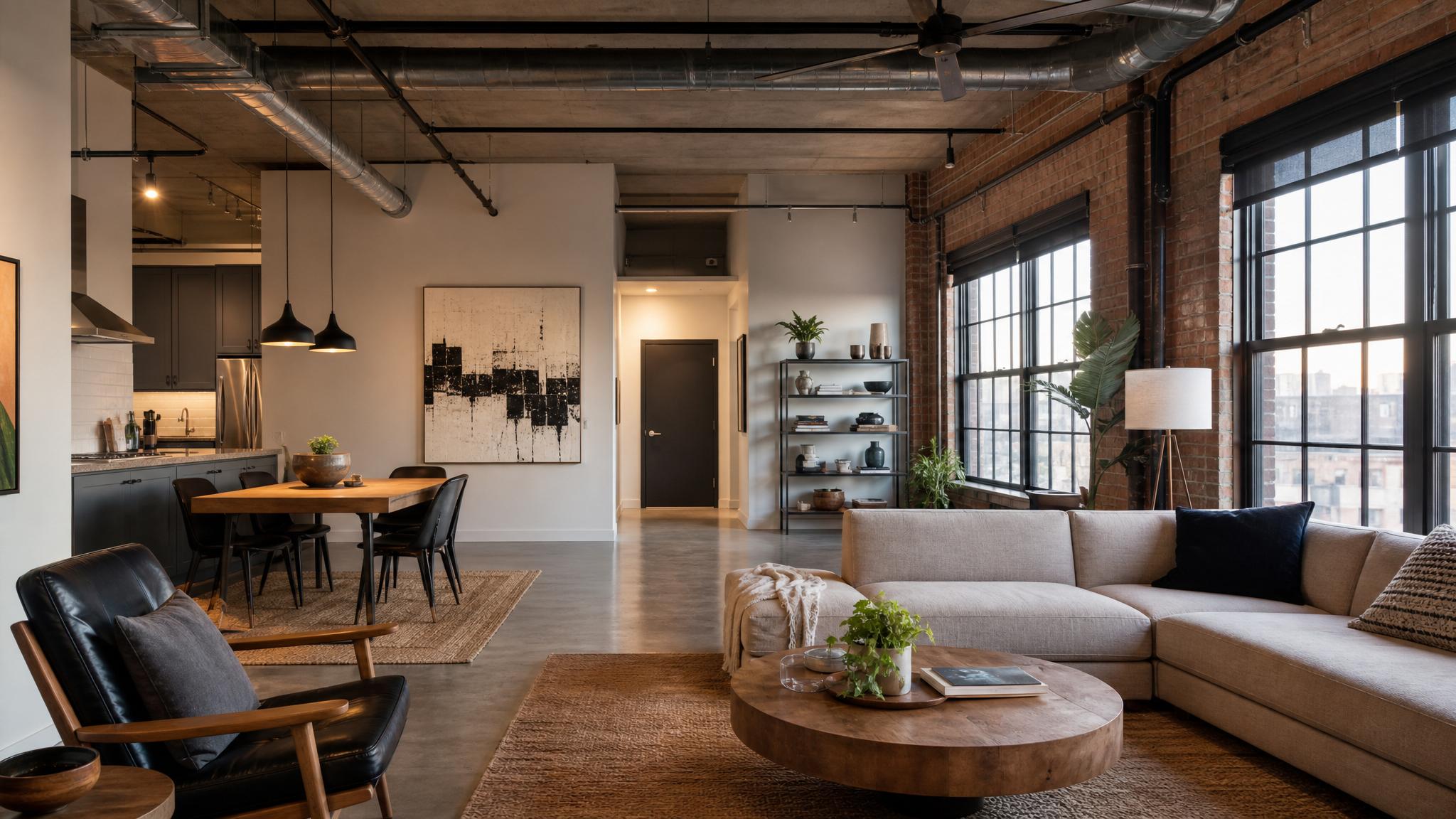 Image of an industrial-style open-plan living room