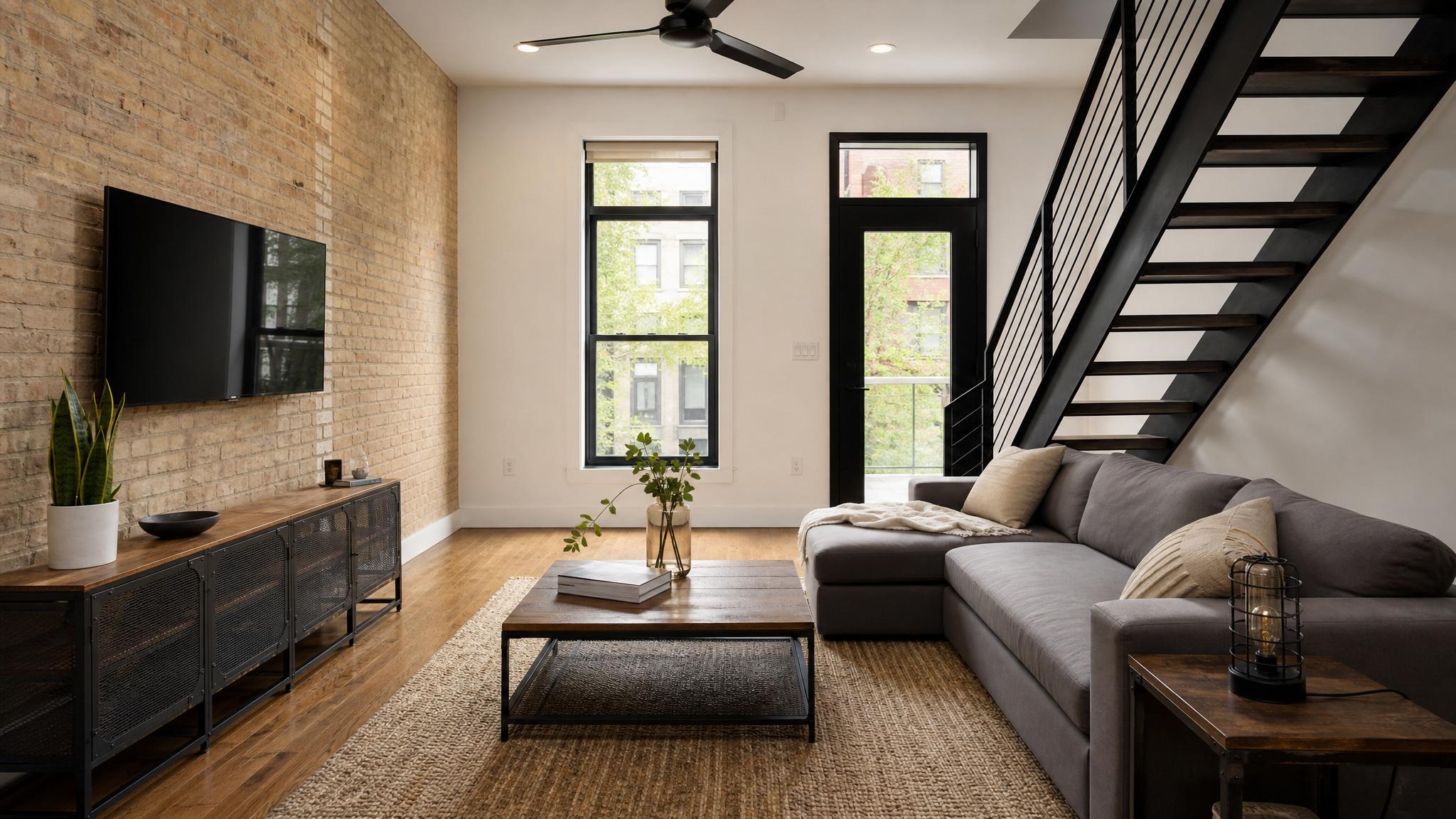 Image of industrial furniture in a townhouse living room