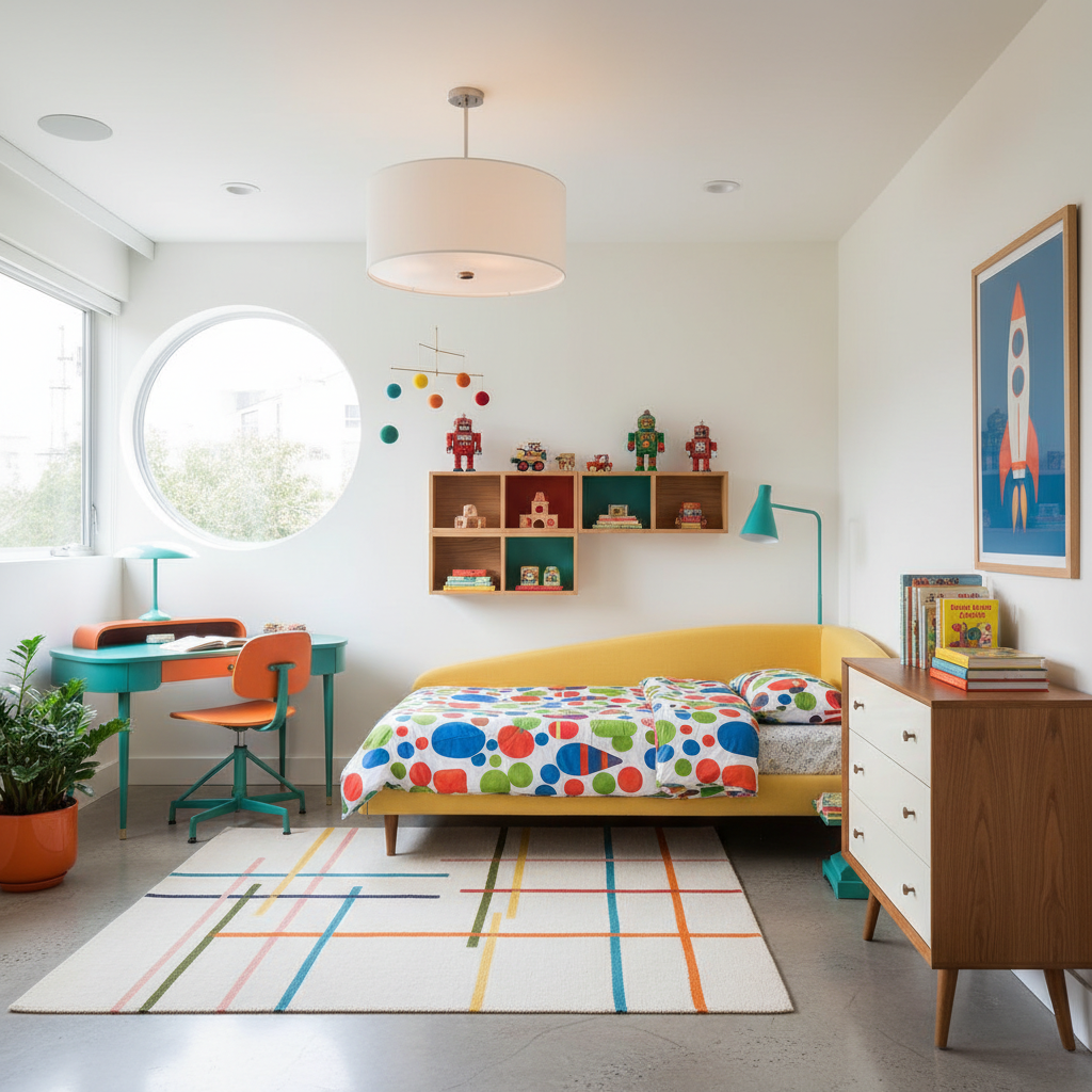 A vibrant mid-century modern kids bedroom showcasing bright colors and sleek furniture.