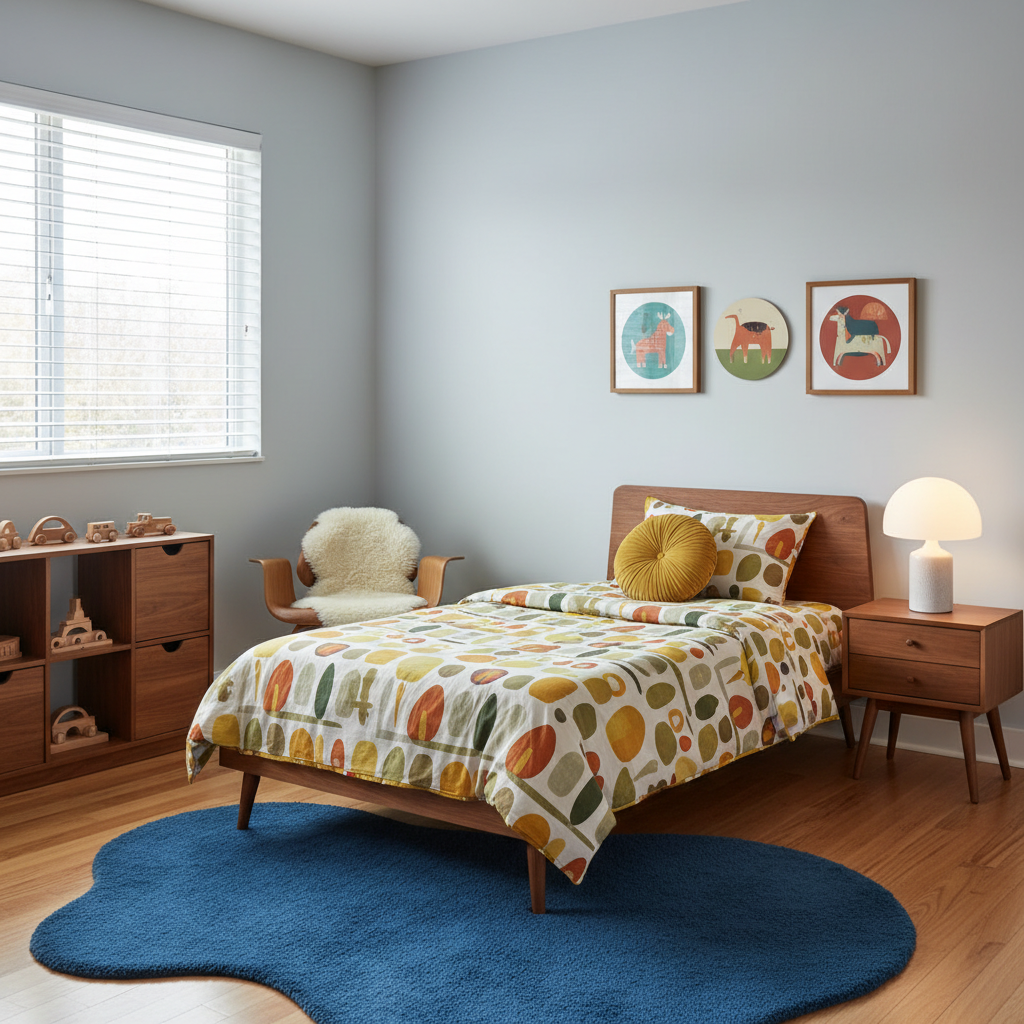 An example of mid-century modern decor elements perfect for kids, including bedding, furniture, and decor.