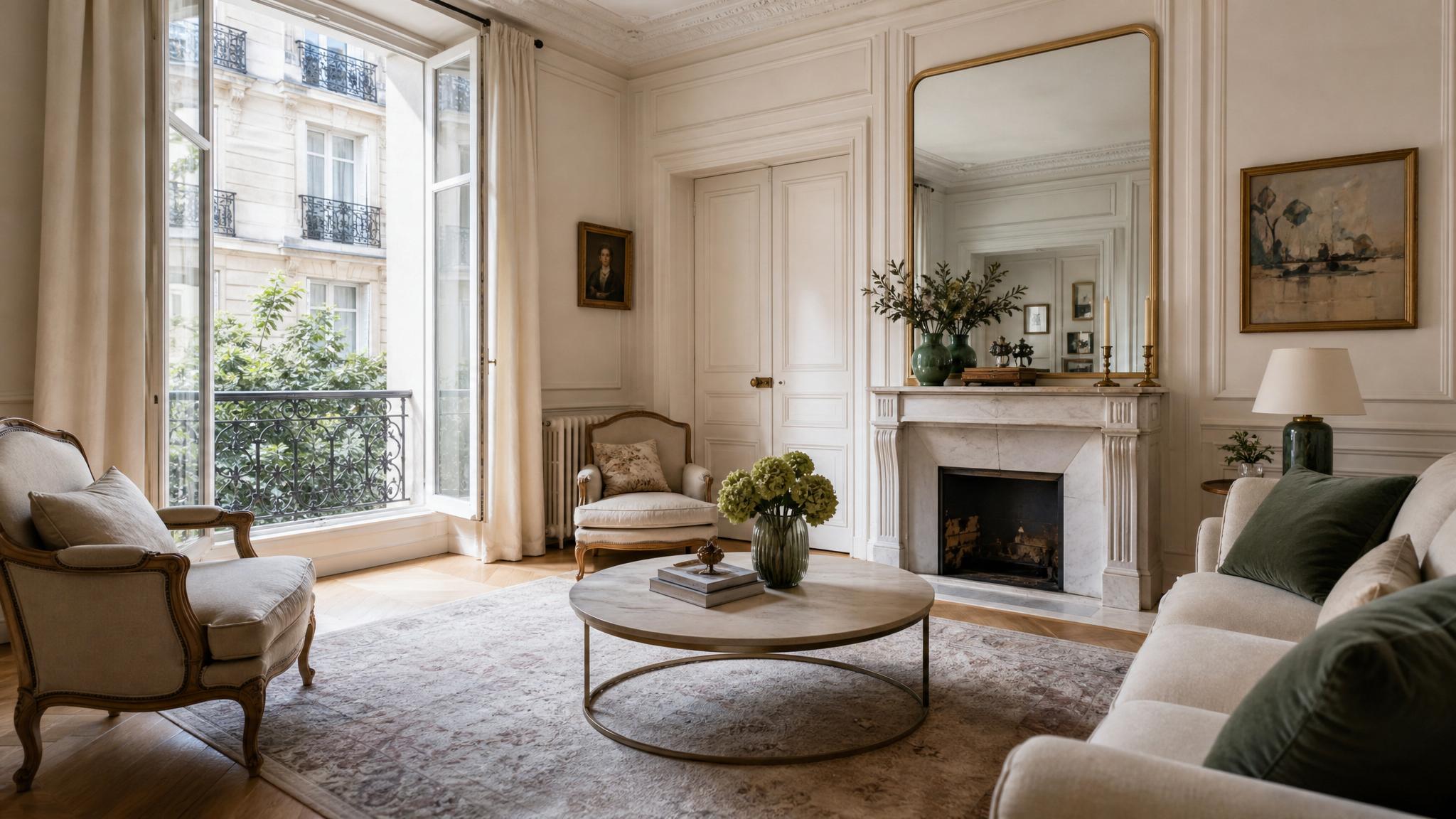 A beautifully staged Parisian living room featuring a classic layout with a round coffee table and elegant decor.