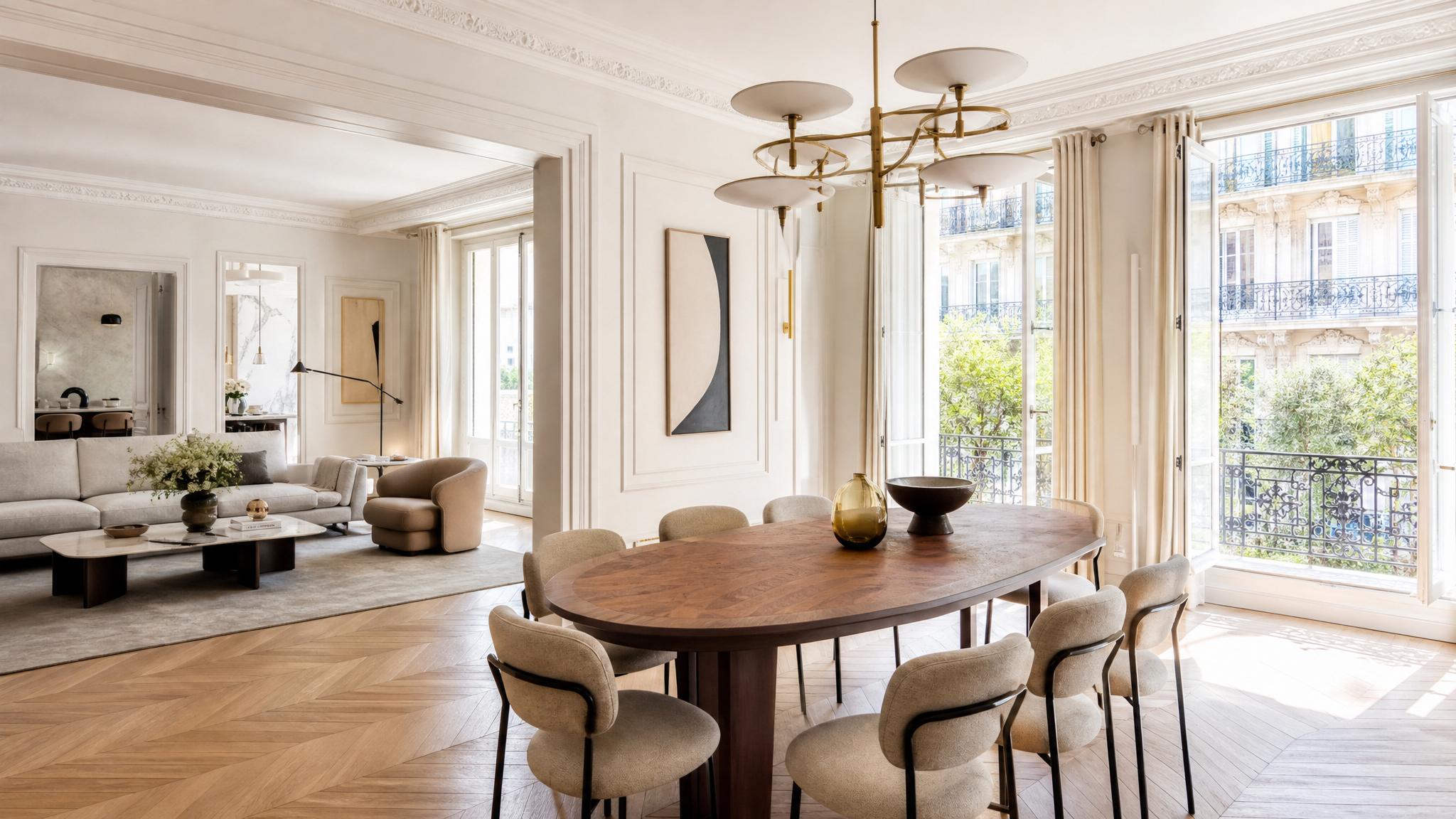 A spacious open-concept Parisian living area with a contemporary dining table and chic lighting.