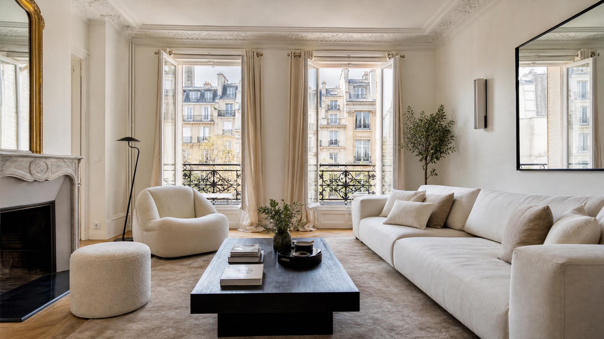 A minimalist Parisian living room with a neutral color palette and sleek furniture.