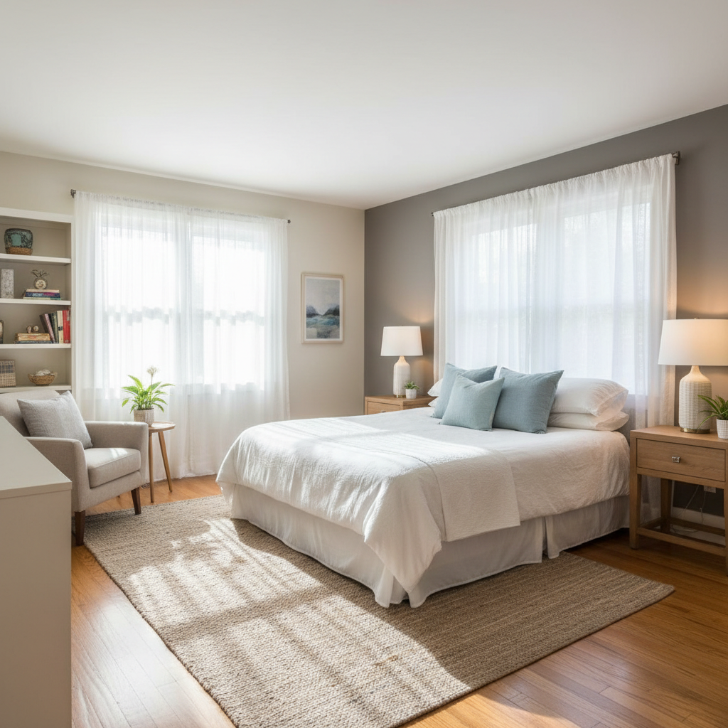 Example of a well-lit guest bedroom with natural sunlight streaming in.