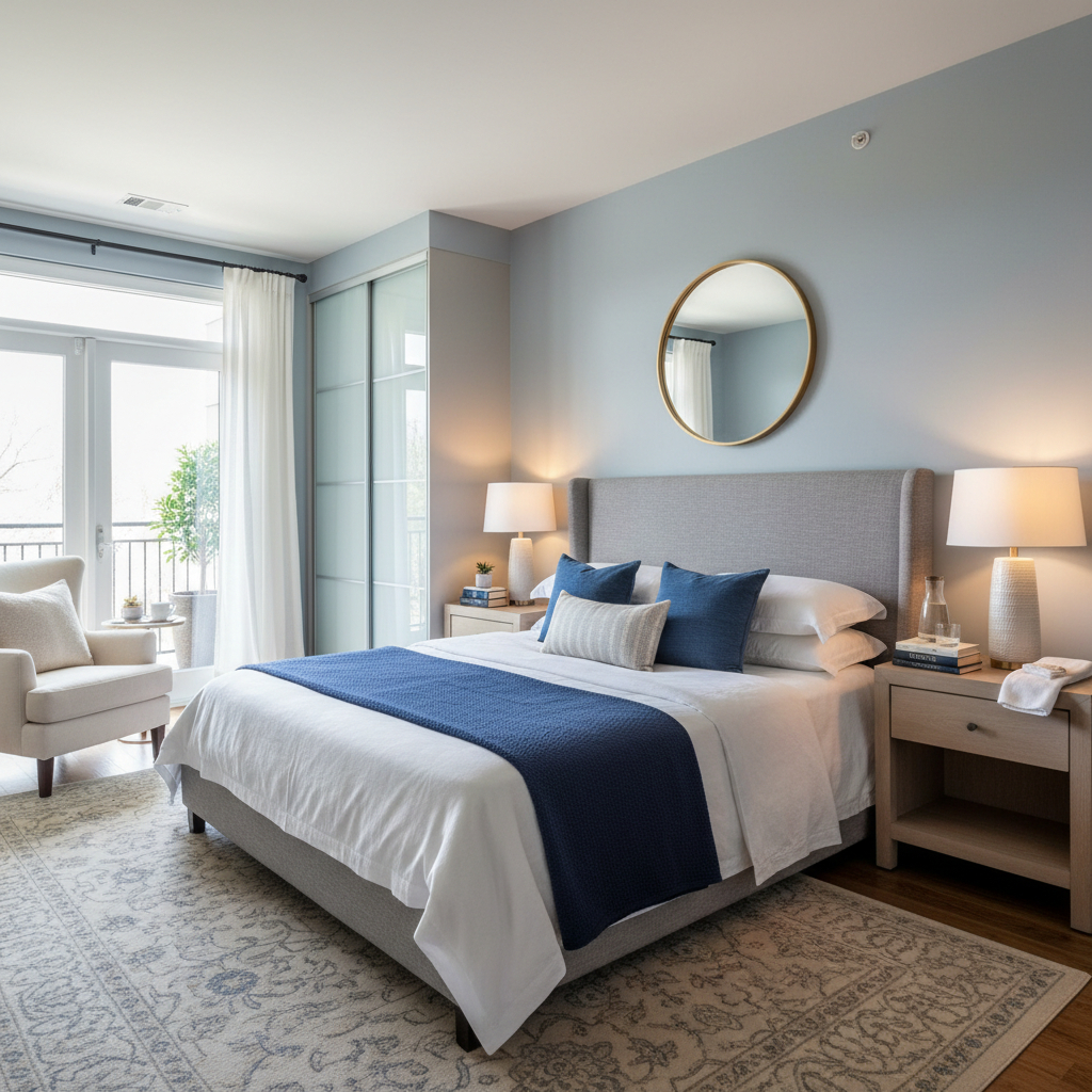 Image of a well-arranged guest bedroom ready for a photo shoot.