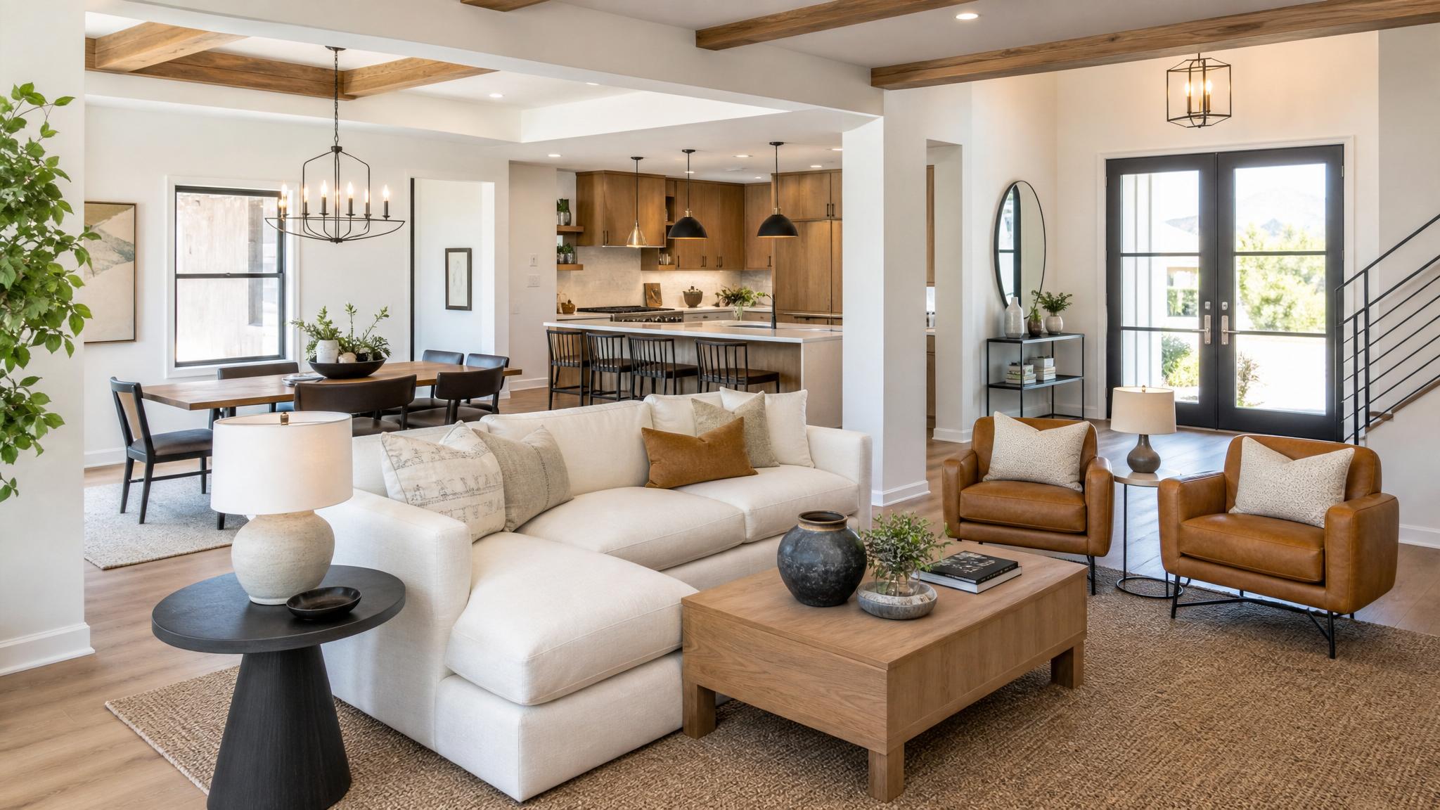 Beautifully staged open-plan living room showcasing modern decor.