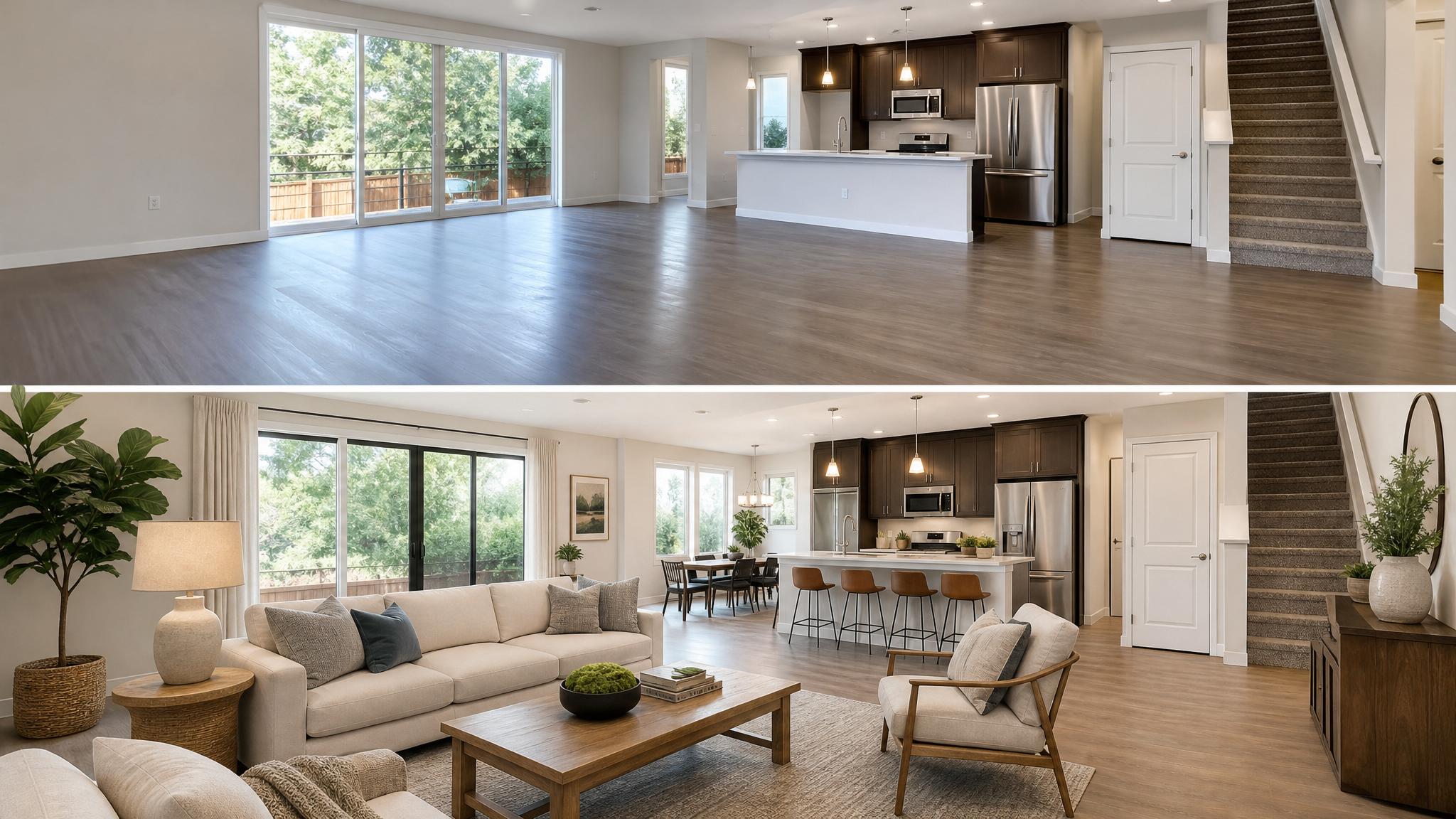 Before and after of an open-plan living room transformation.