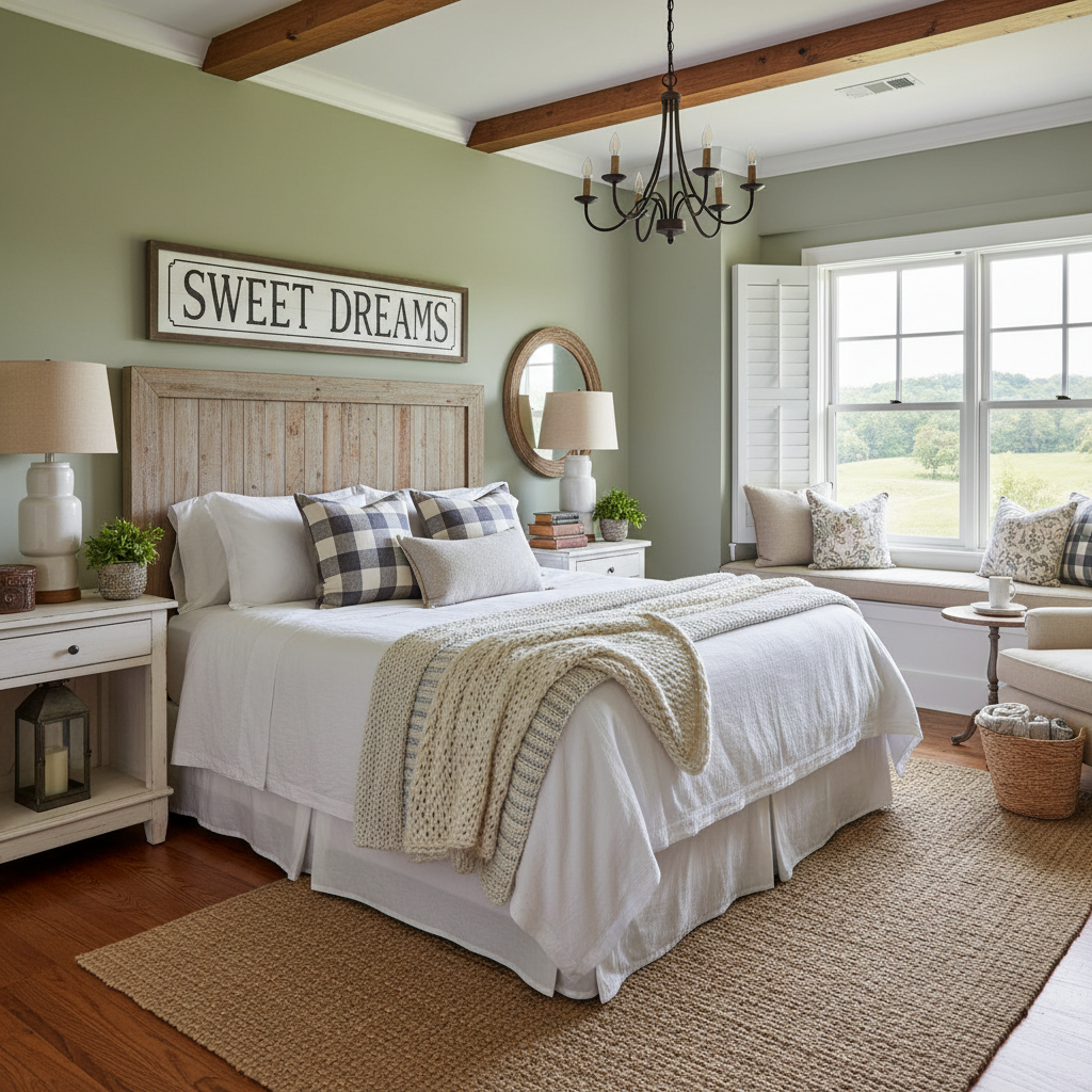 Image depicting a beautifully staged farmhouse guest bedroom with rustic decor.