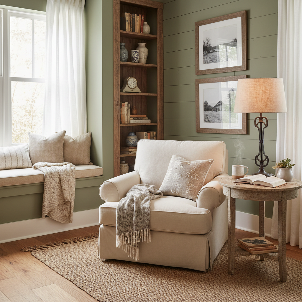 Image of a cozy reading nook with farmhouse style in a guest bedroom.