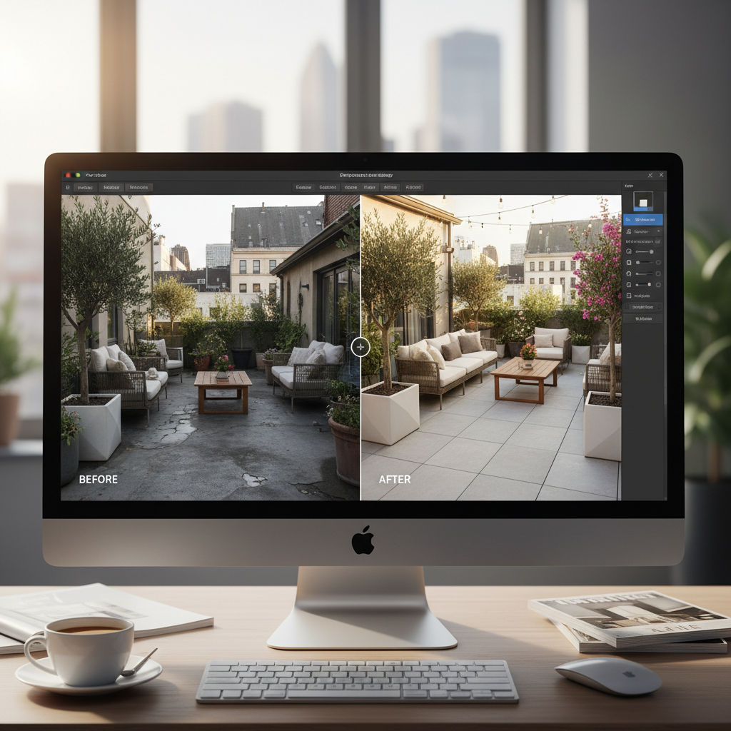 Editing software interface showing before and after terrace photo adjustments