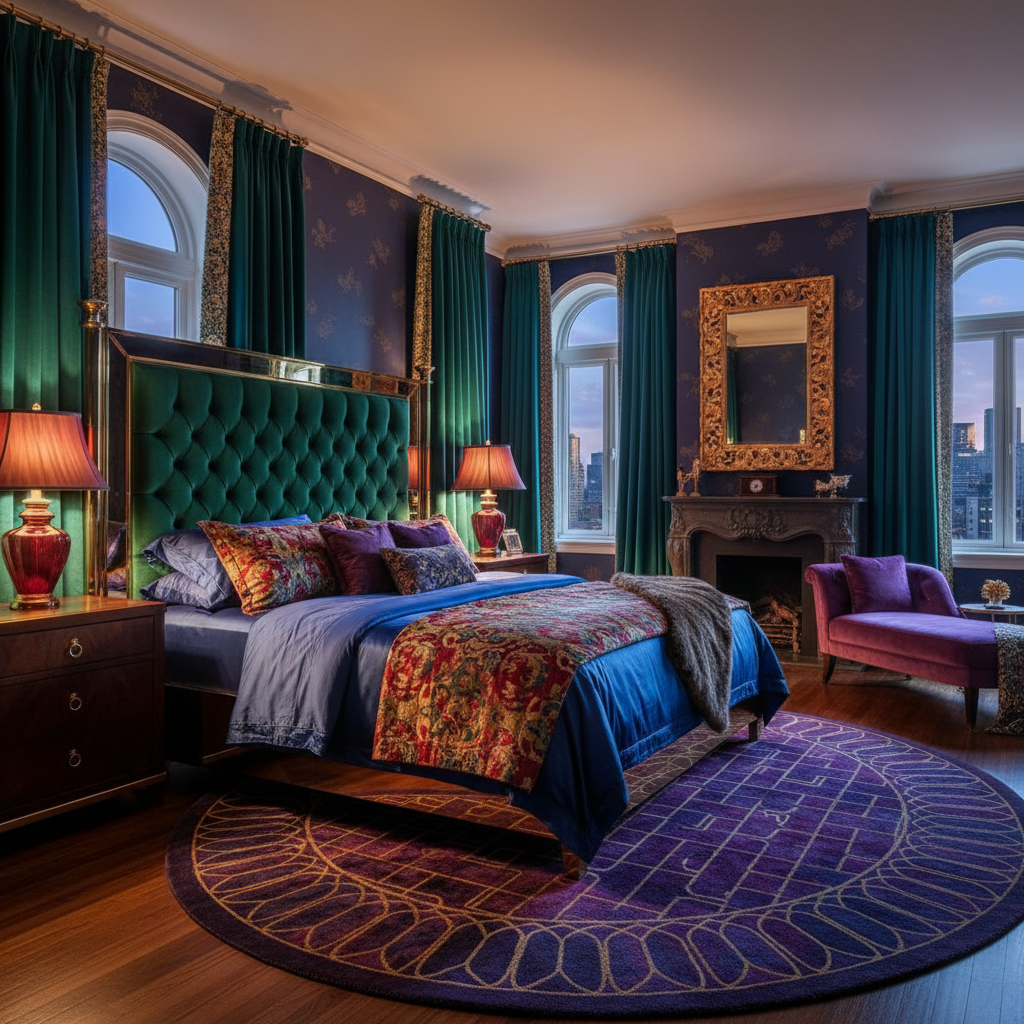 A luxury bedroom showcasing deep jewel tones