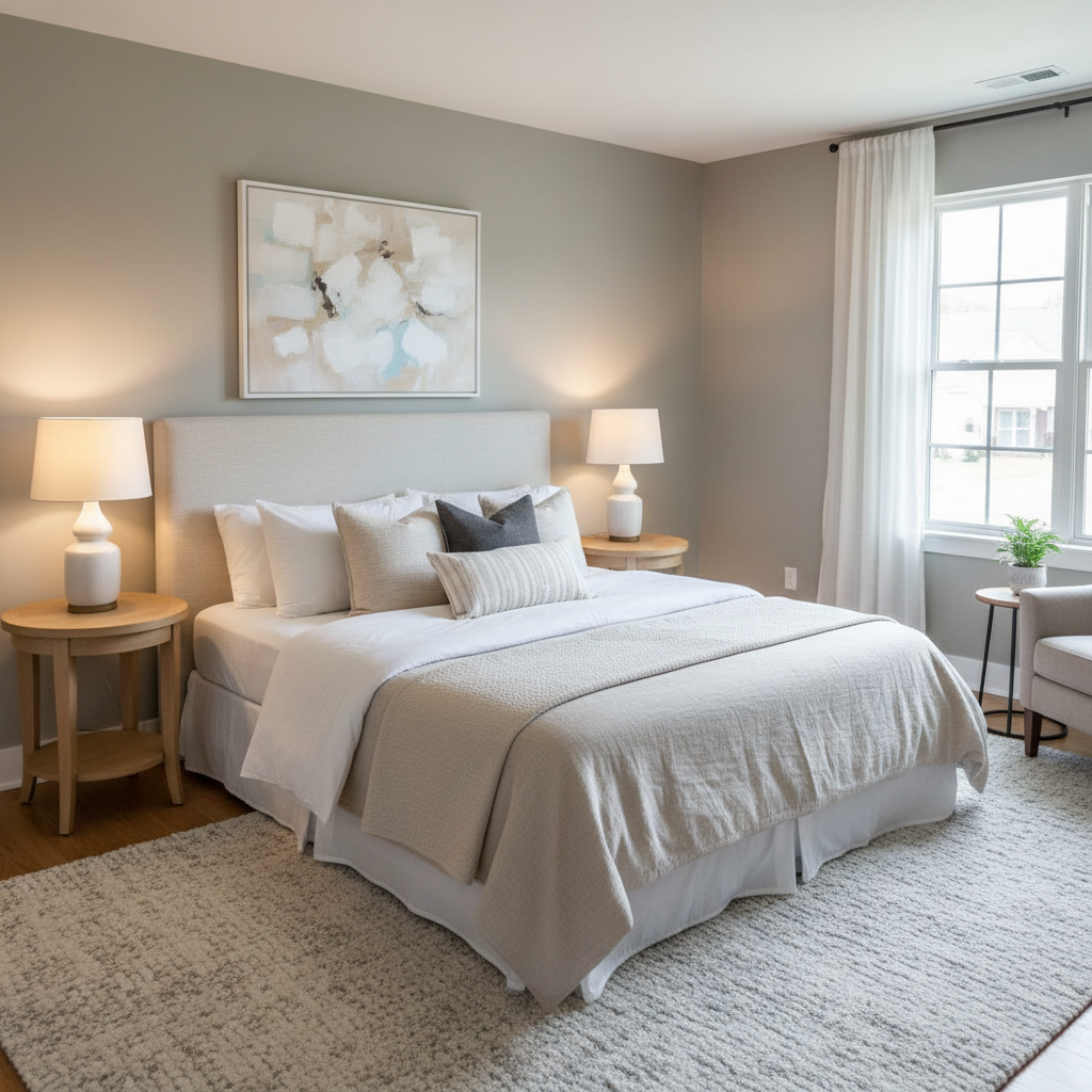 A freshly painted guest bedroom with neutral colors.