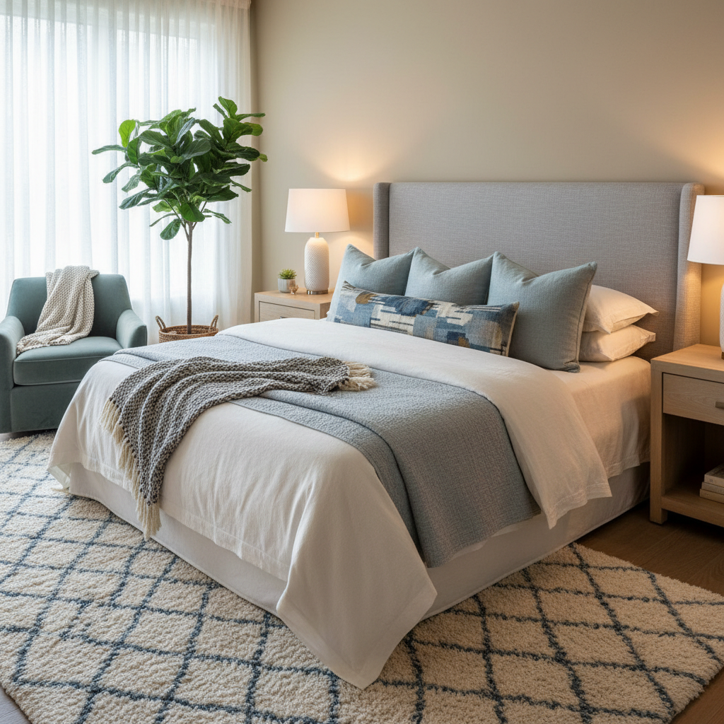 Stylish bedding and textiles in a guest bedroom.