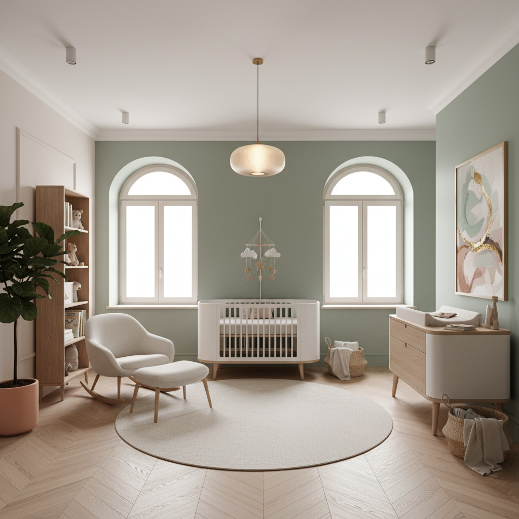 Image of a modern Italian nursery showcasing color palette and furniture layout.