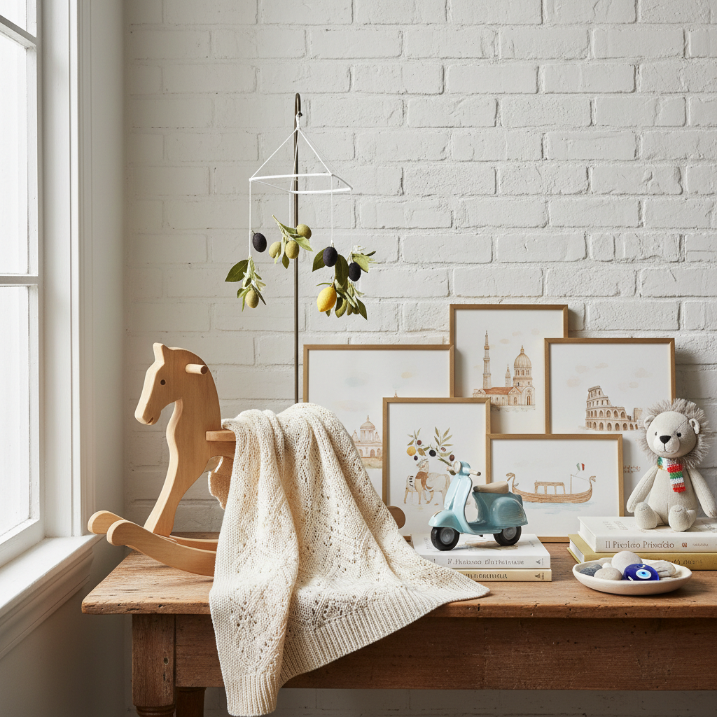 Image of accessories and decor elements suitable for a modern Italian nursery.