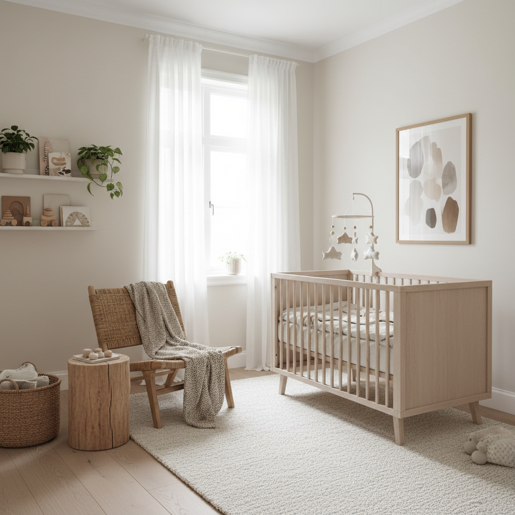 Example of a Scandinavian nursery showcasing neutral colors and natural materials