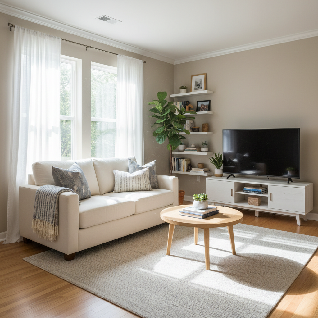 Image of a well-lit small living room with natural light.