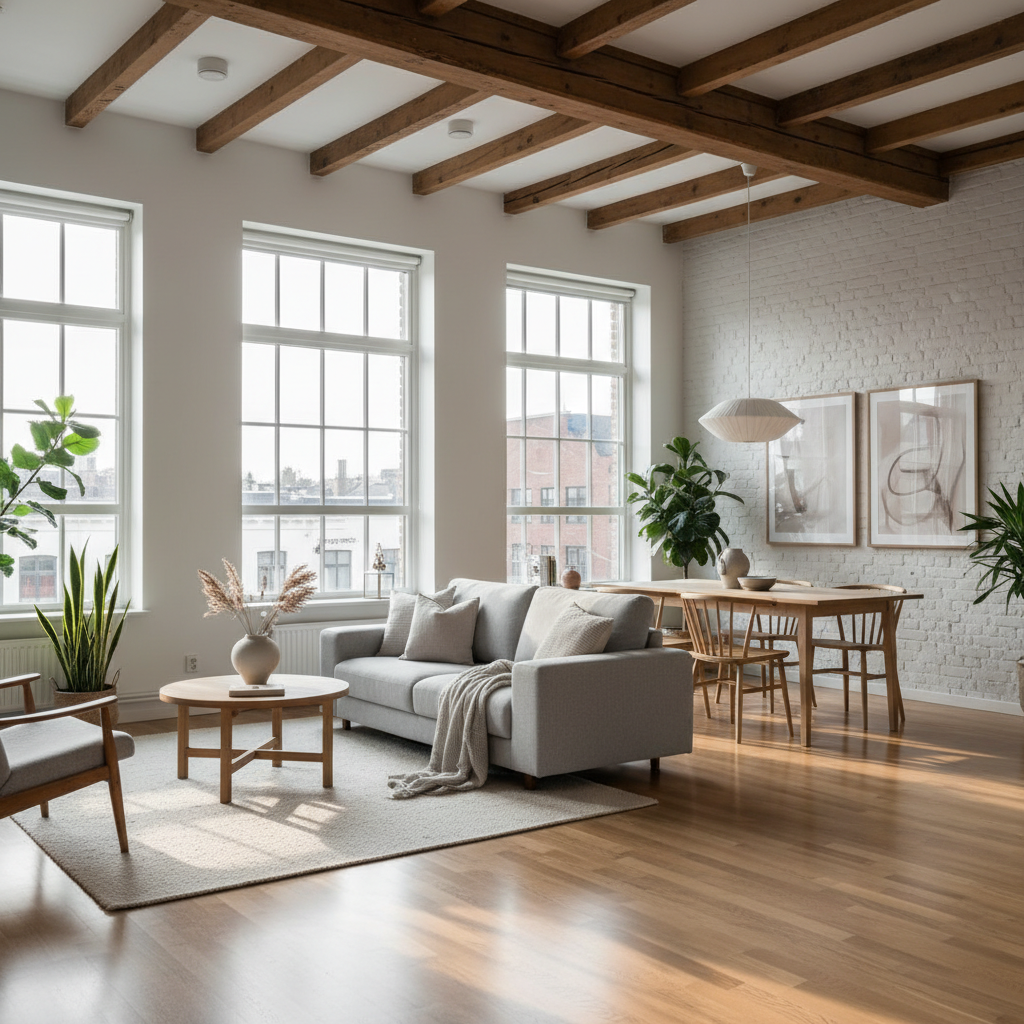 A bright and airy Nordic loft showcasing large windows, minimalist furniture, and neutral color palette.