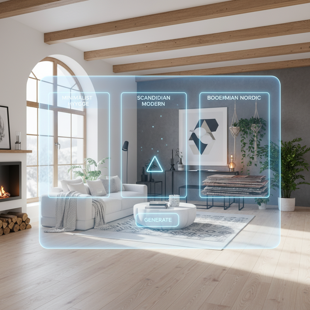 An illustration of AI interface showcasing different design options for a Nordic loft.