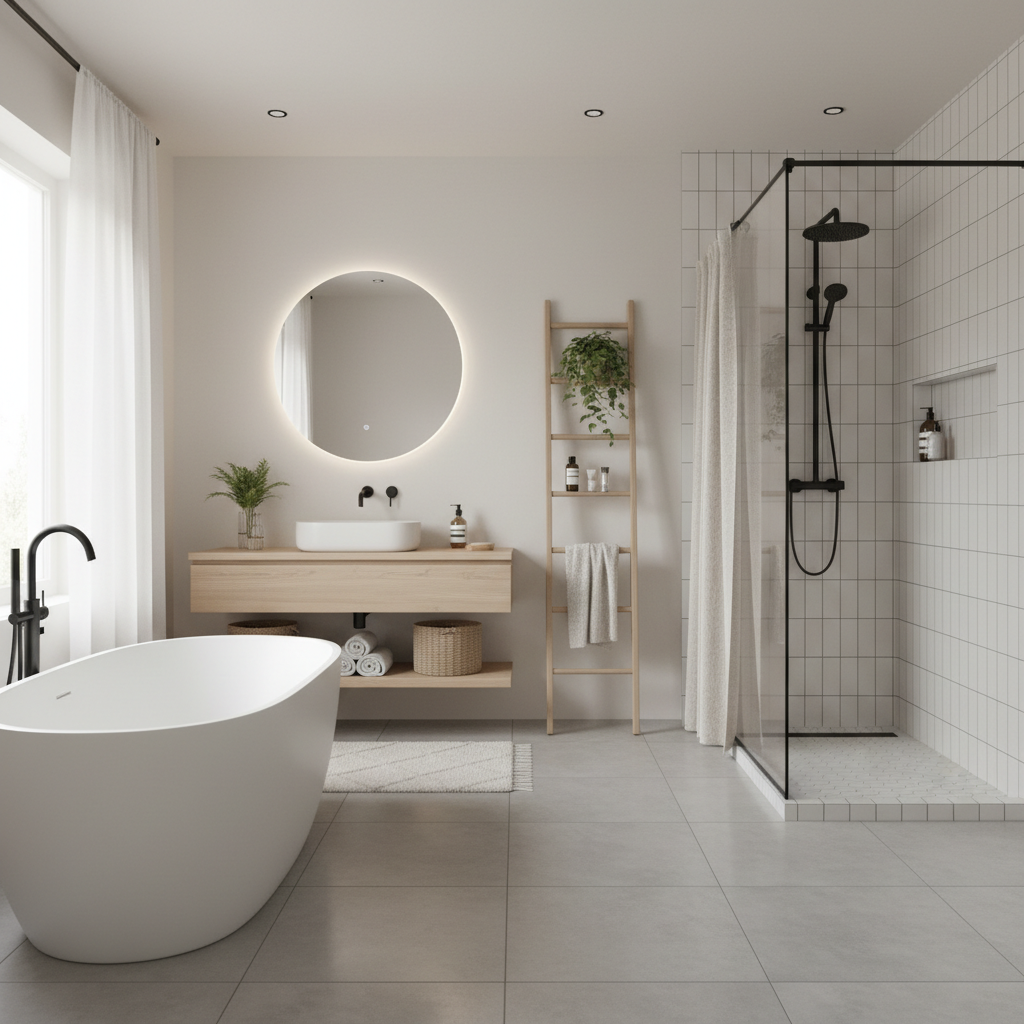 An AI-generated Scandinavian bathroom design layout.