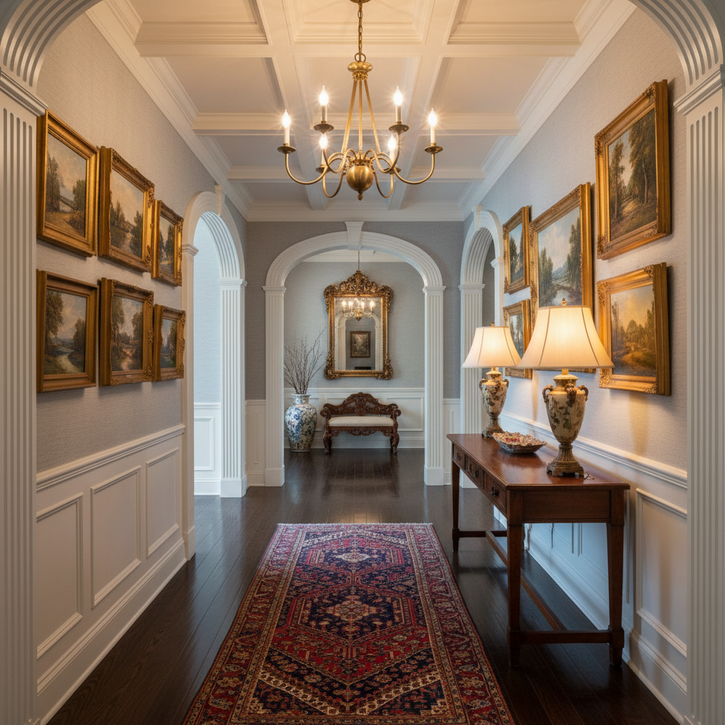 A beautifully designed traditional hallway showcasing elegant lighting and decor.