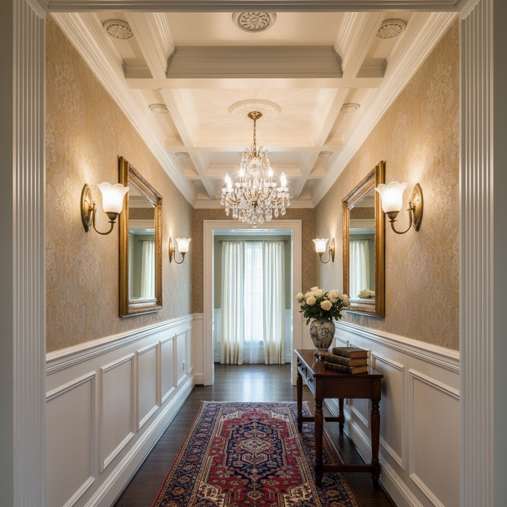 Details of wall decor, moldings, and traditional lighting elements in a hallway.