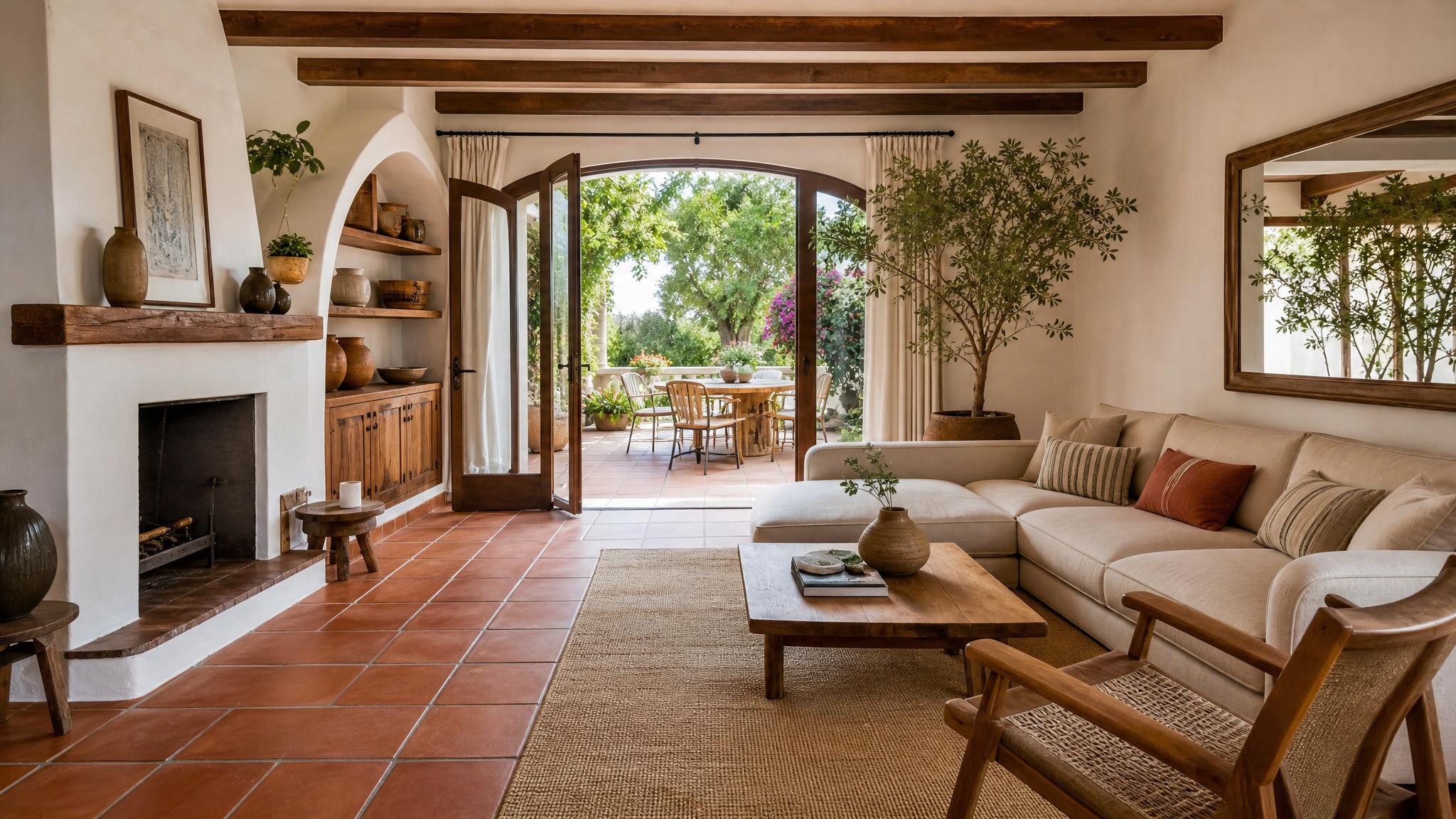 A beautifully designed Mediterranean living room with terracotta tiles and wooden furniture.