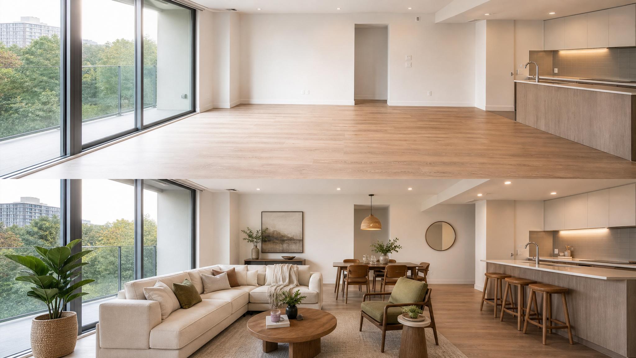 Before and after of a virtual staged open-plan living room