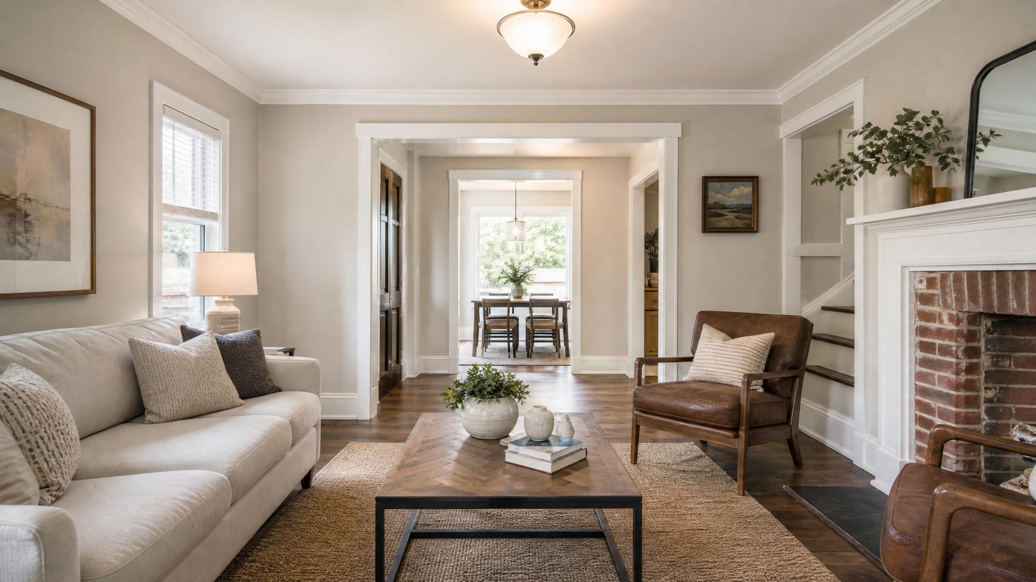 A cozy small living room that exemplifies transitional space planning.