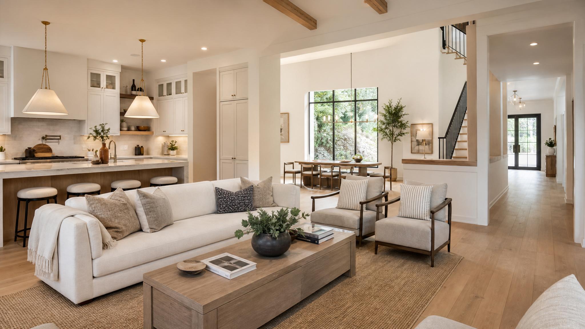 An open-concept layout showcasing transition design elements.