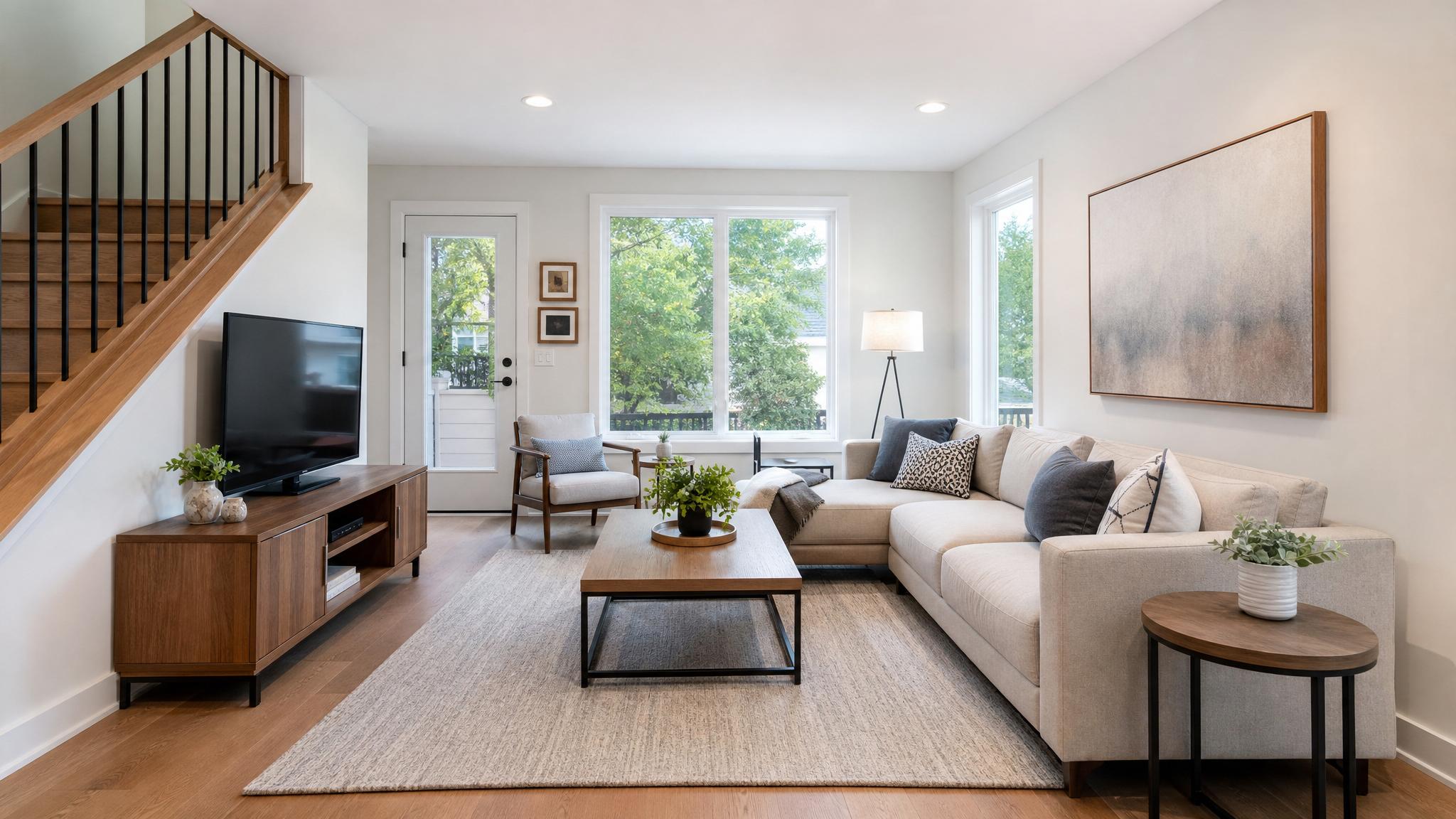 Image of a modern small living room layout designed for family use, featuring contemporary furnishings.