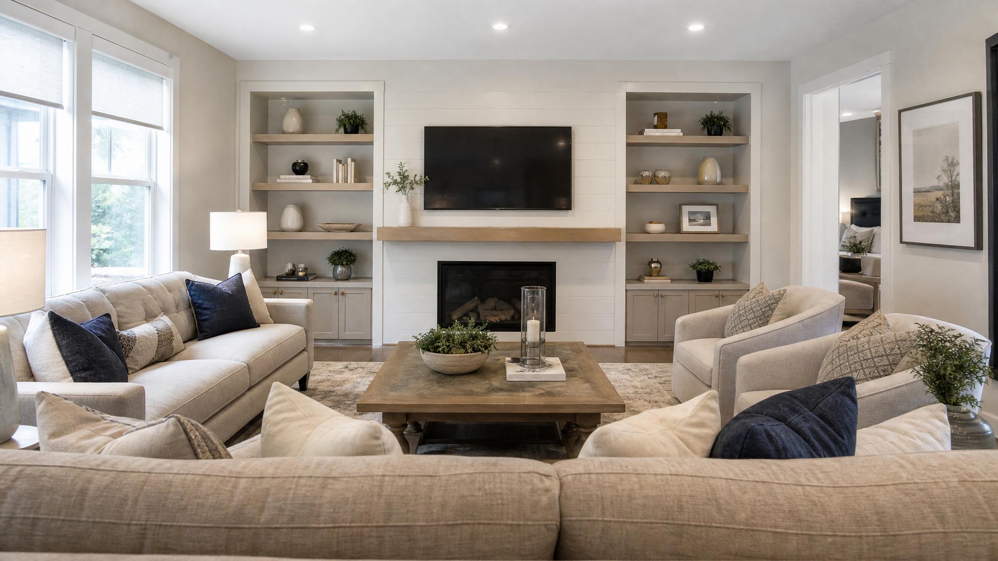 Image depicting a U-shaped seating arrangement in a contemporary small living room.