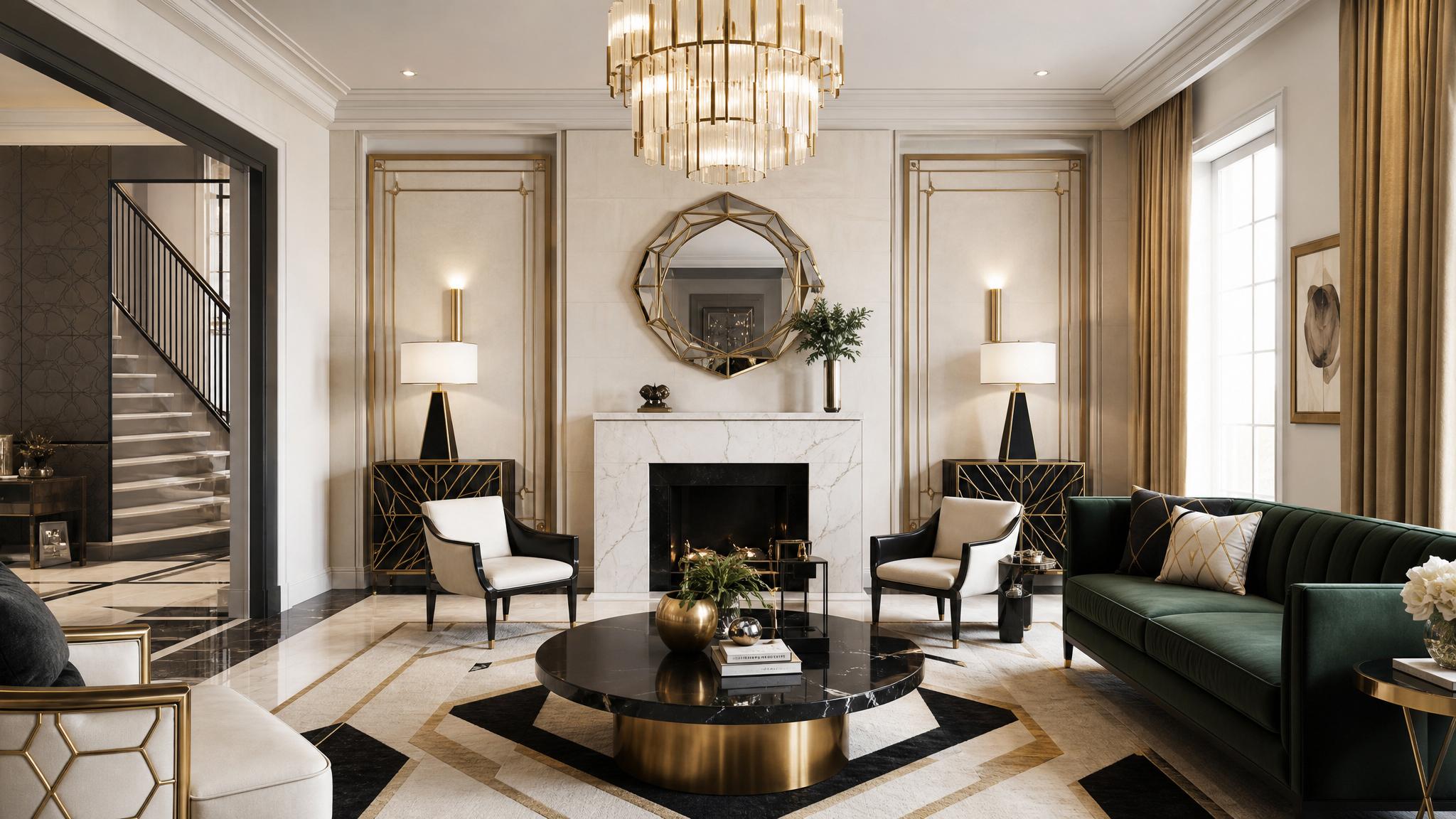 Art Deco living room with geometric patterns and luxurious finishes.