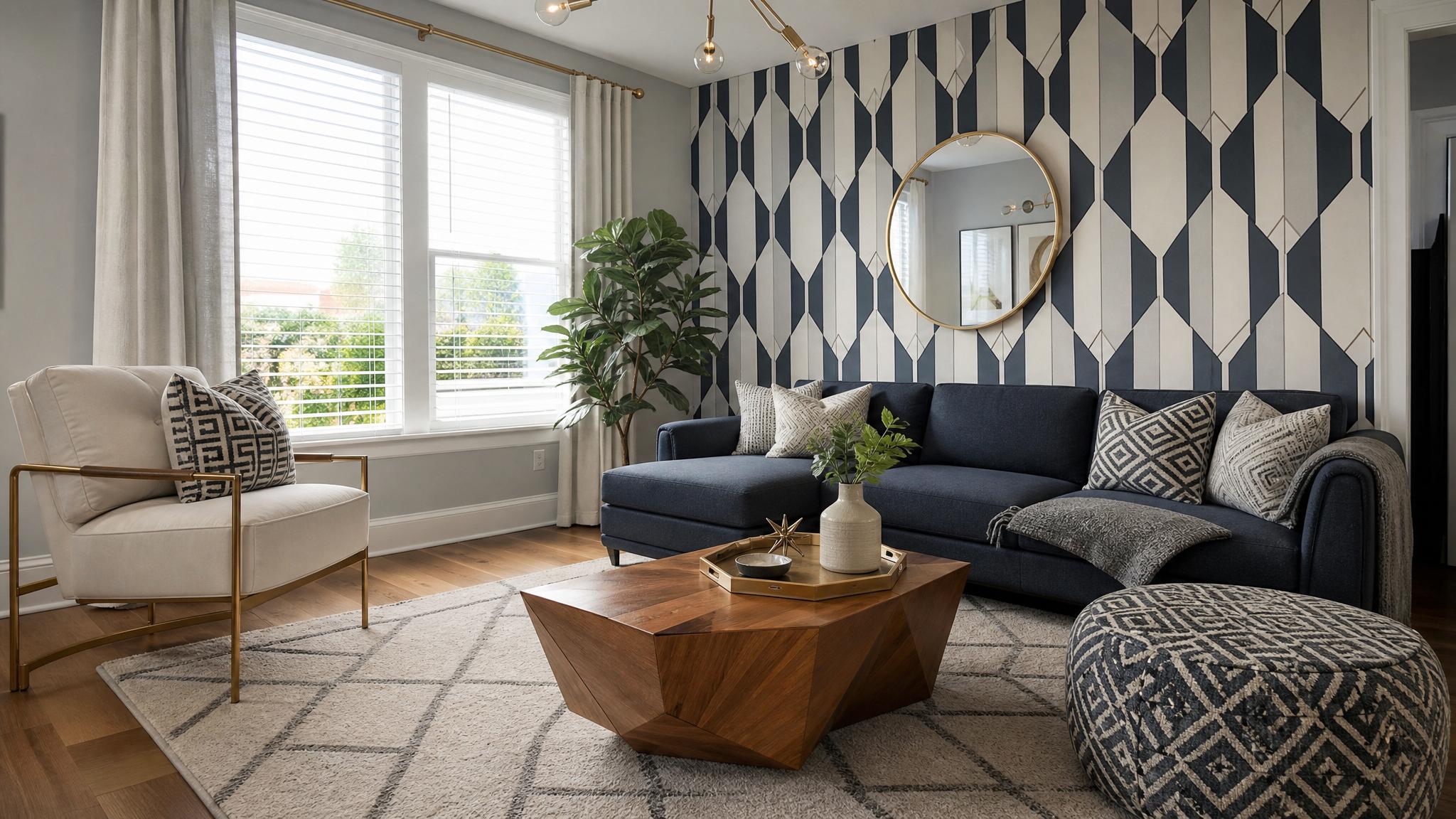 Small living room with bold geometric patterns on walls and furniture.